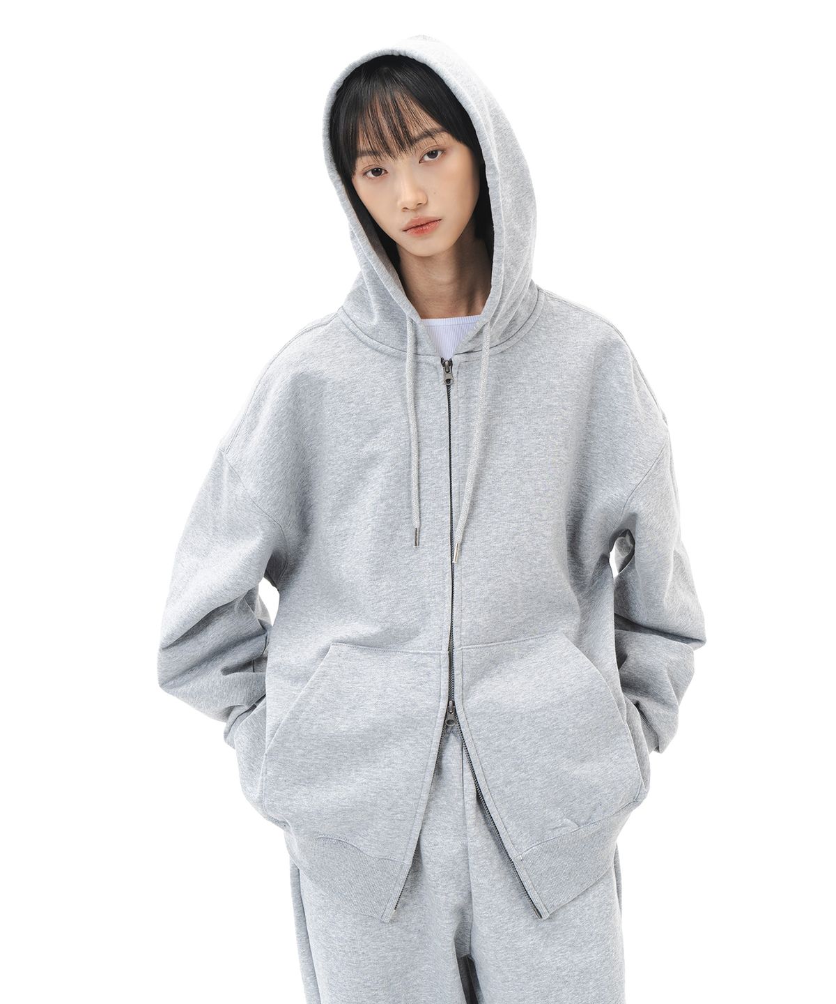르커스텀(LE CUSTOM) 더 에센셜 오버핏 무지 투웨이 후드집업 (멜란지)