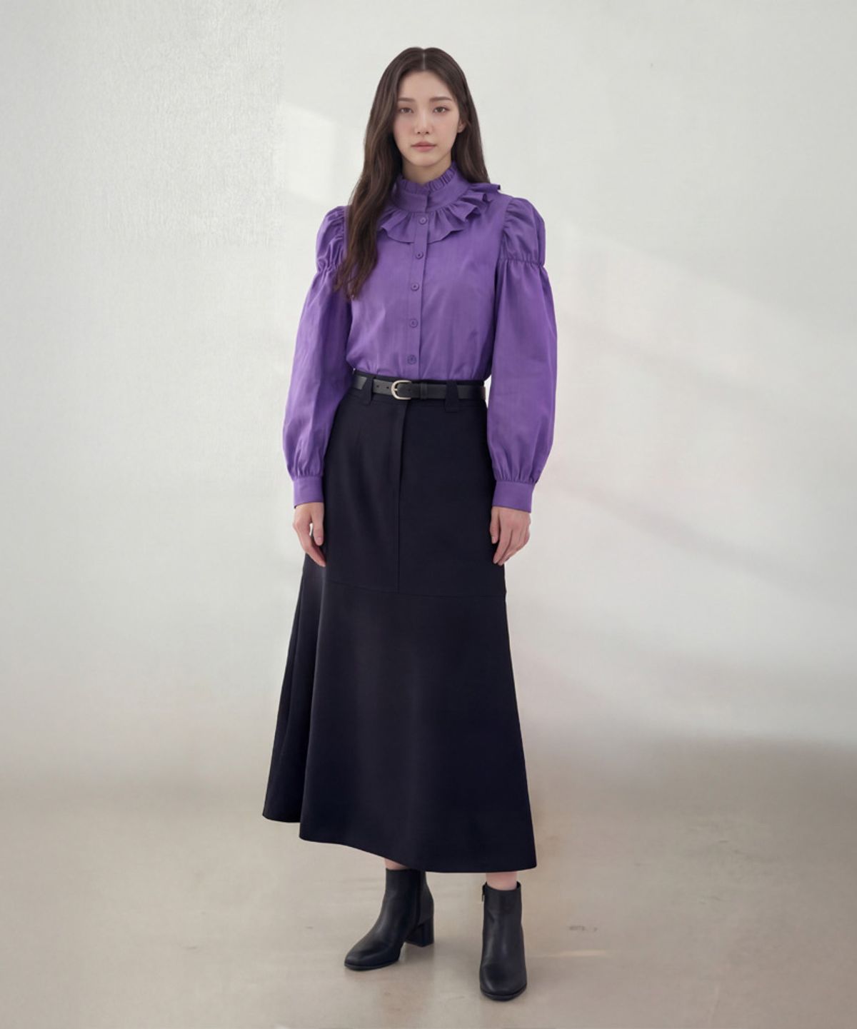 엘바이엘(LBYL) 퍼플 코튼 넥프릴 로맨틱 블라우스