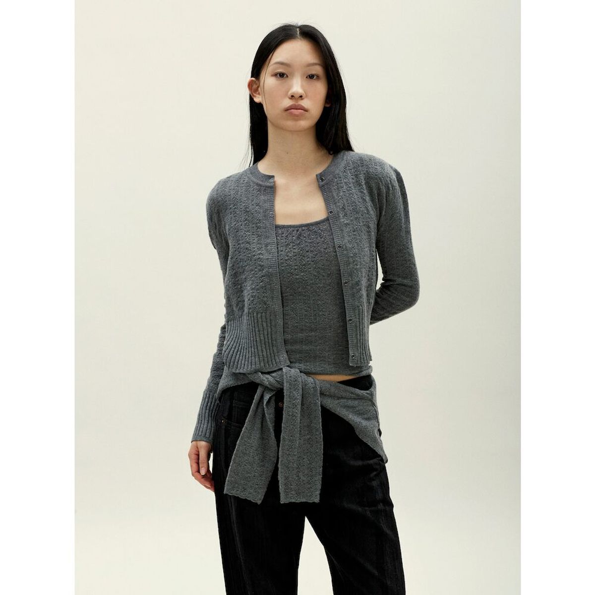 앙개(ANGGAE) Smocked Knit Tank  Grey