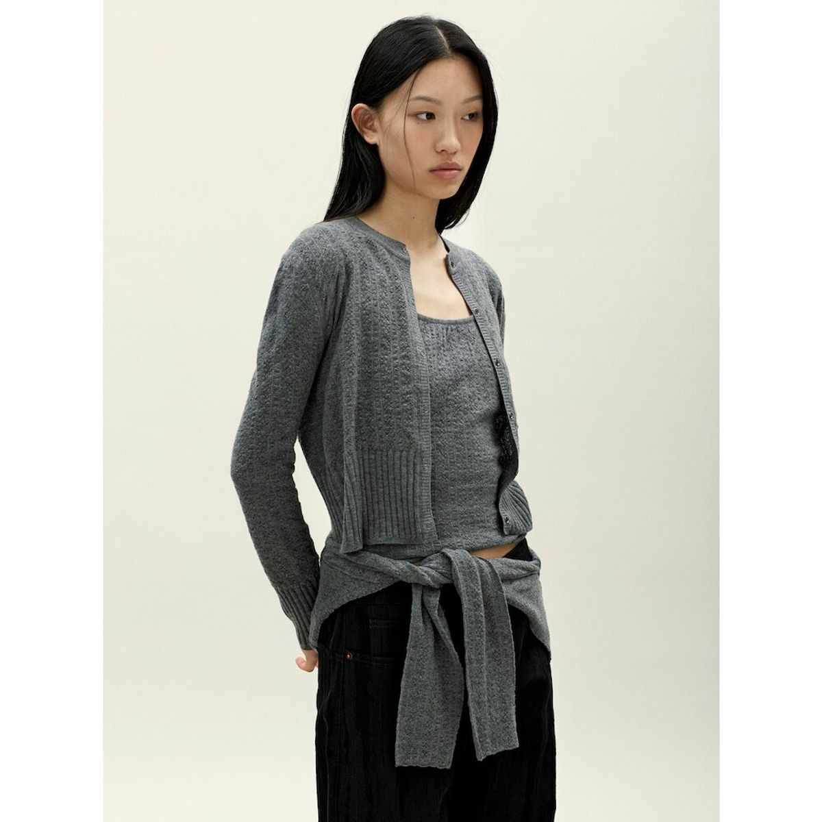 앙개(ANGGAE) Smocked Knit Cardigan  Grey