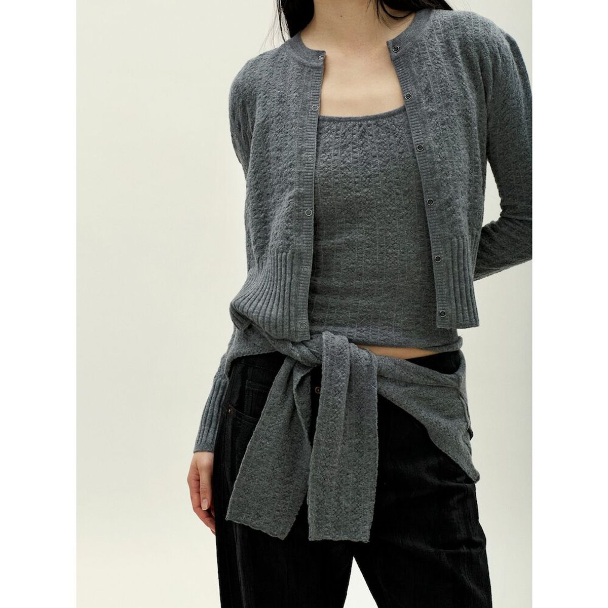 앙개(ANGGAE) Smocked Knit Cardigan  Grey