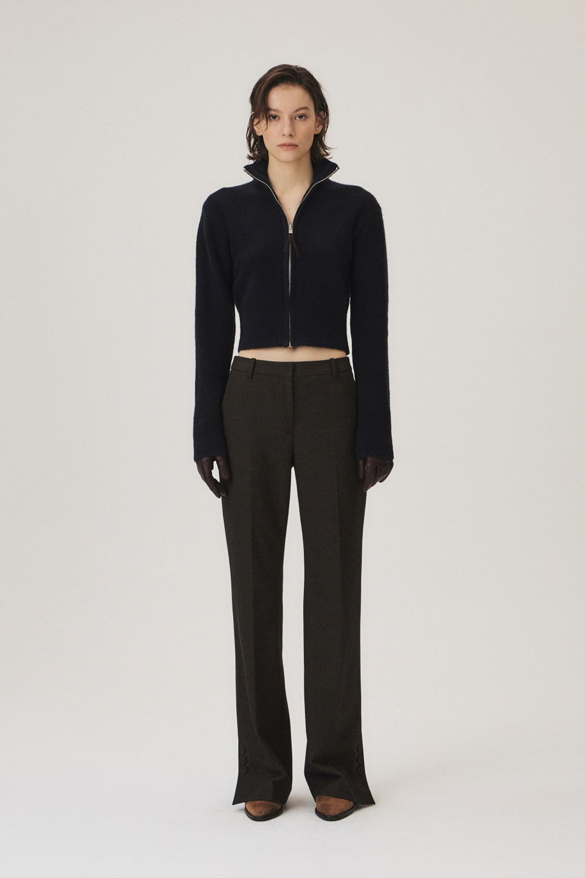쿠메(KUMÉ) Wool Blend Bootcut Pants, Brown