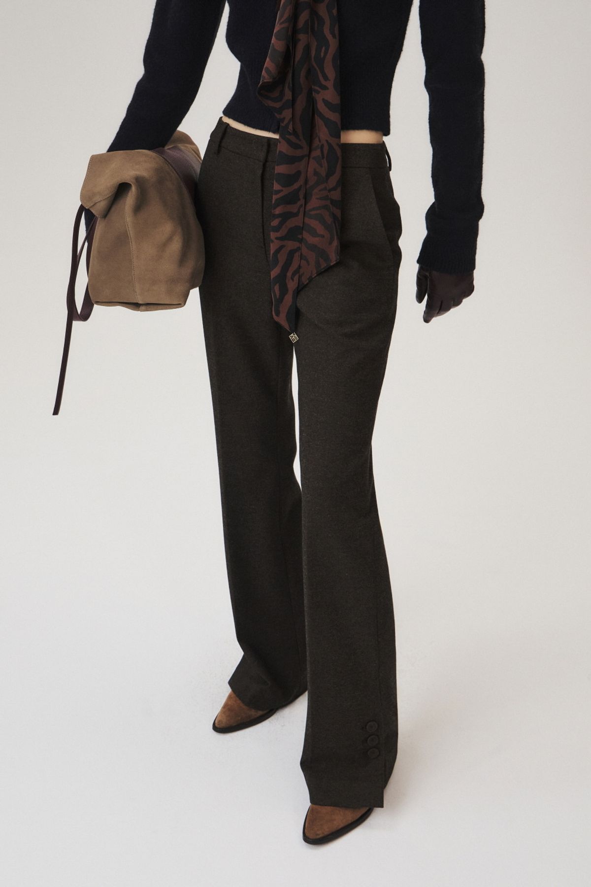 쿠메(KUMÉ) Wool Blend Bootcut Pants, Brown