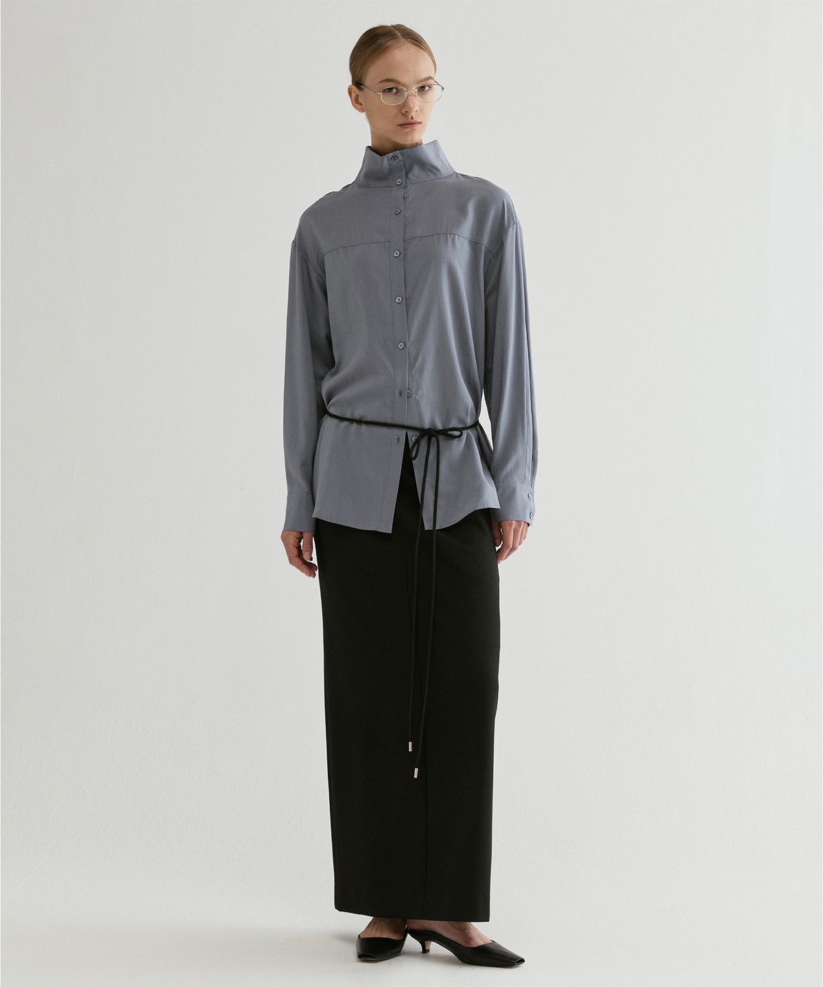 프롬웨얼(FROMWHERE) Band Collar Button-Up Shirt Blue