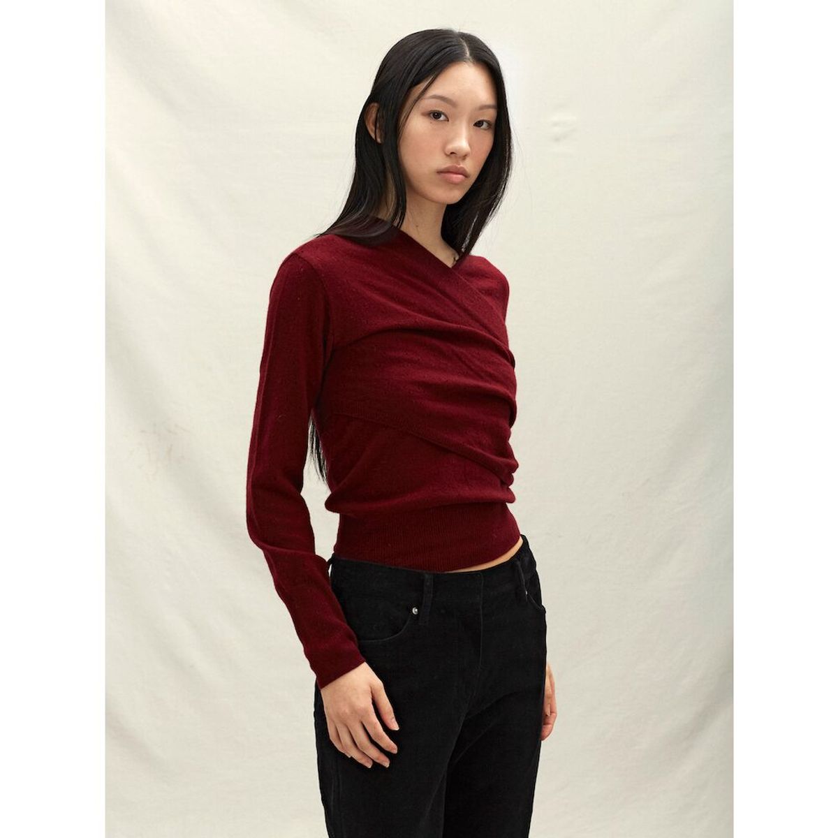 앙개(ANGGAE) Eyelet Knit Cross Layered Pullover  Magenta
