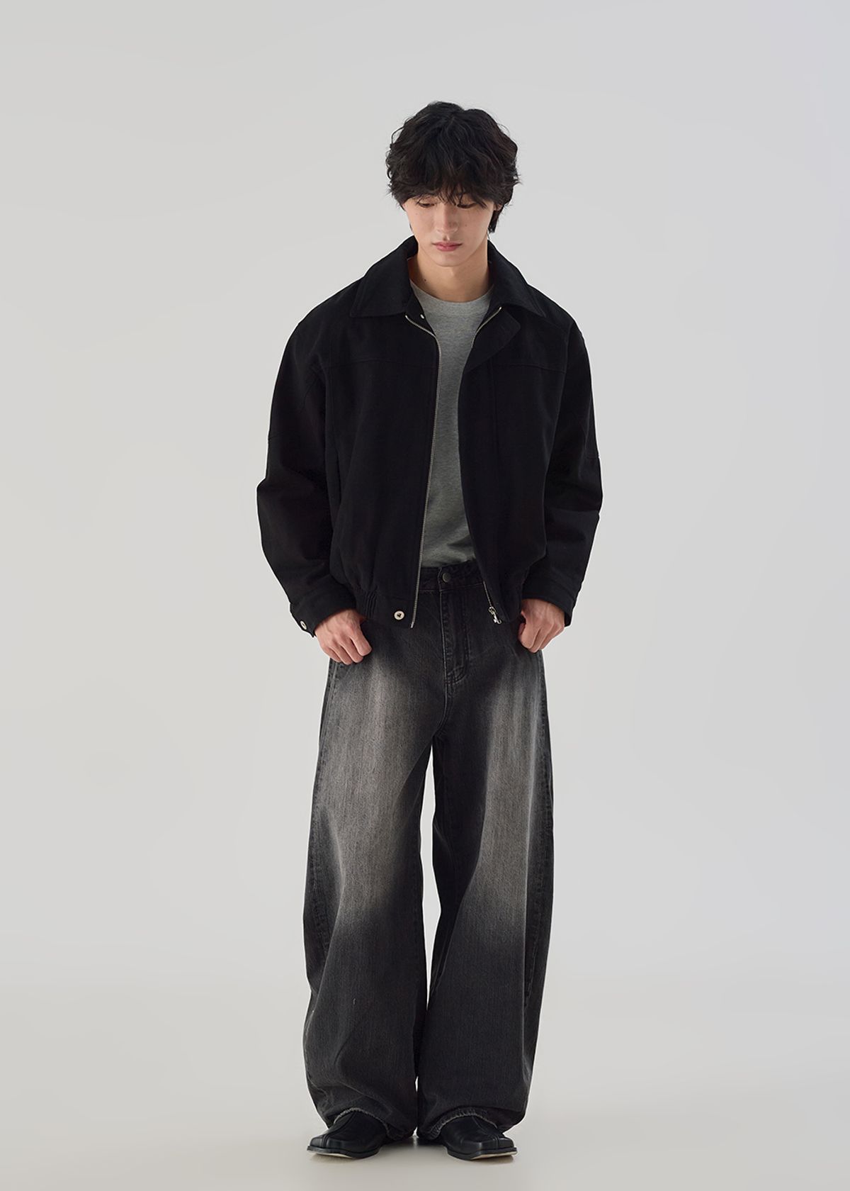 오우사(OWSA) 절개 워싱 와이드 데님 팬츠 2color