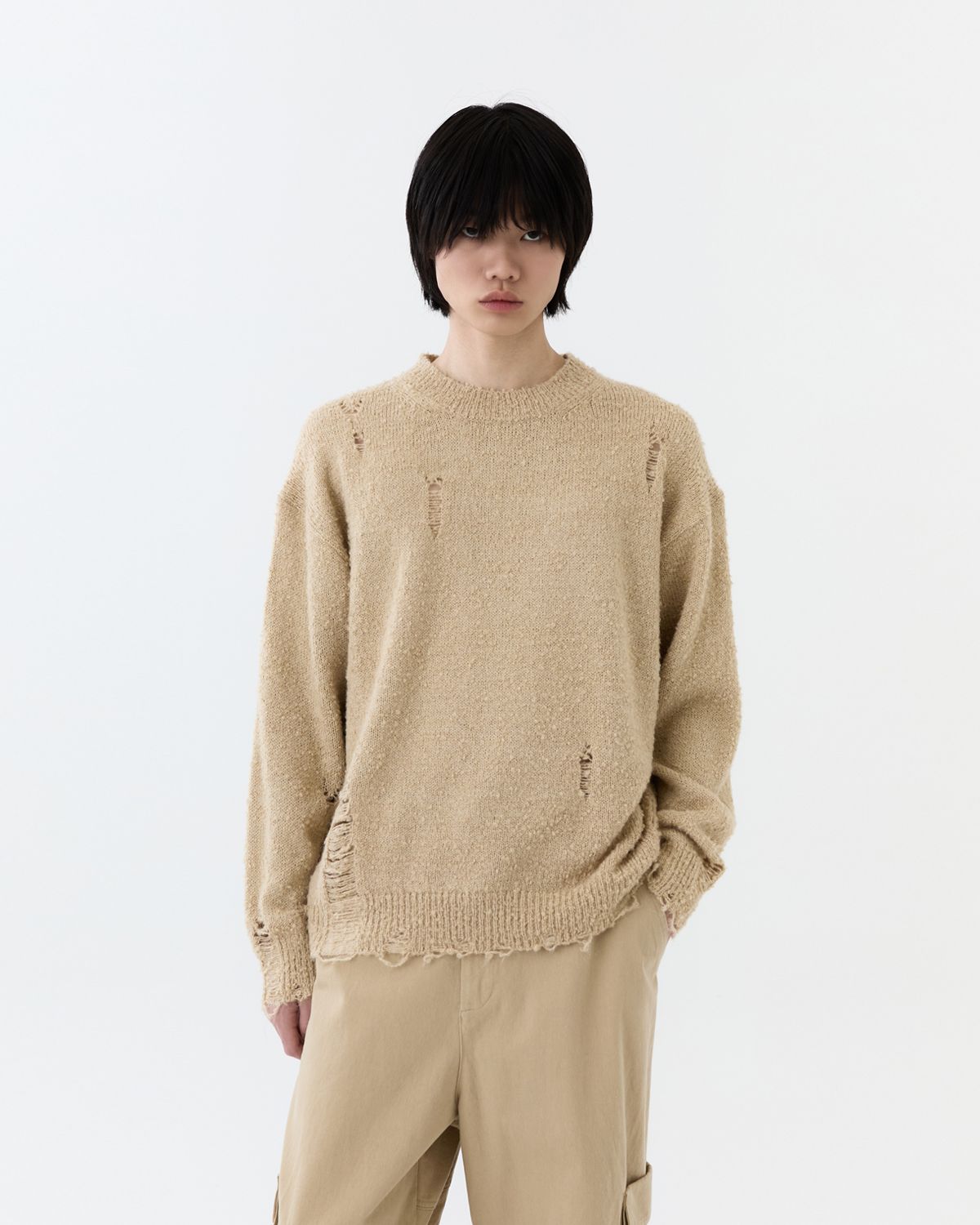 디앤드퀘스천(THEENDQUESTION) Damage knit top / BEIGE
