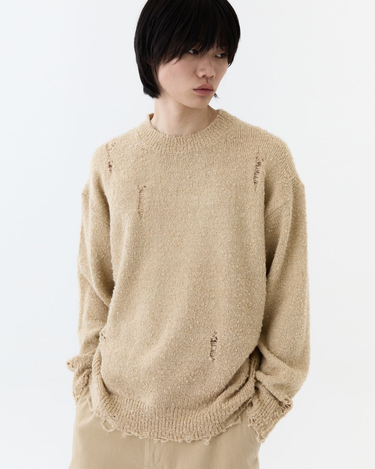 디앤드퀘스천(THEENDQUESTION) Damage knit top / BEIGE