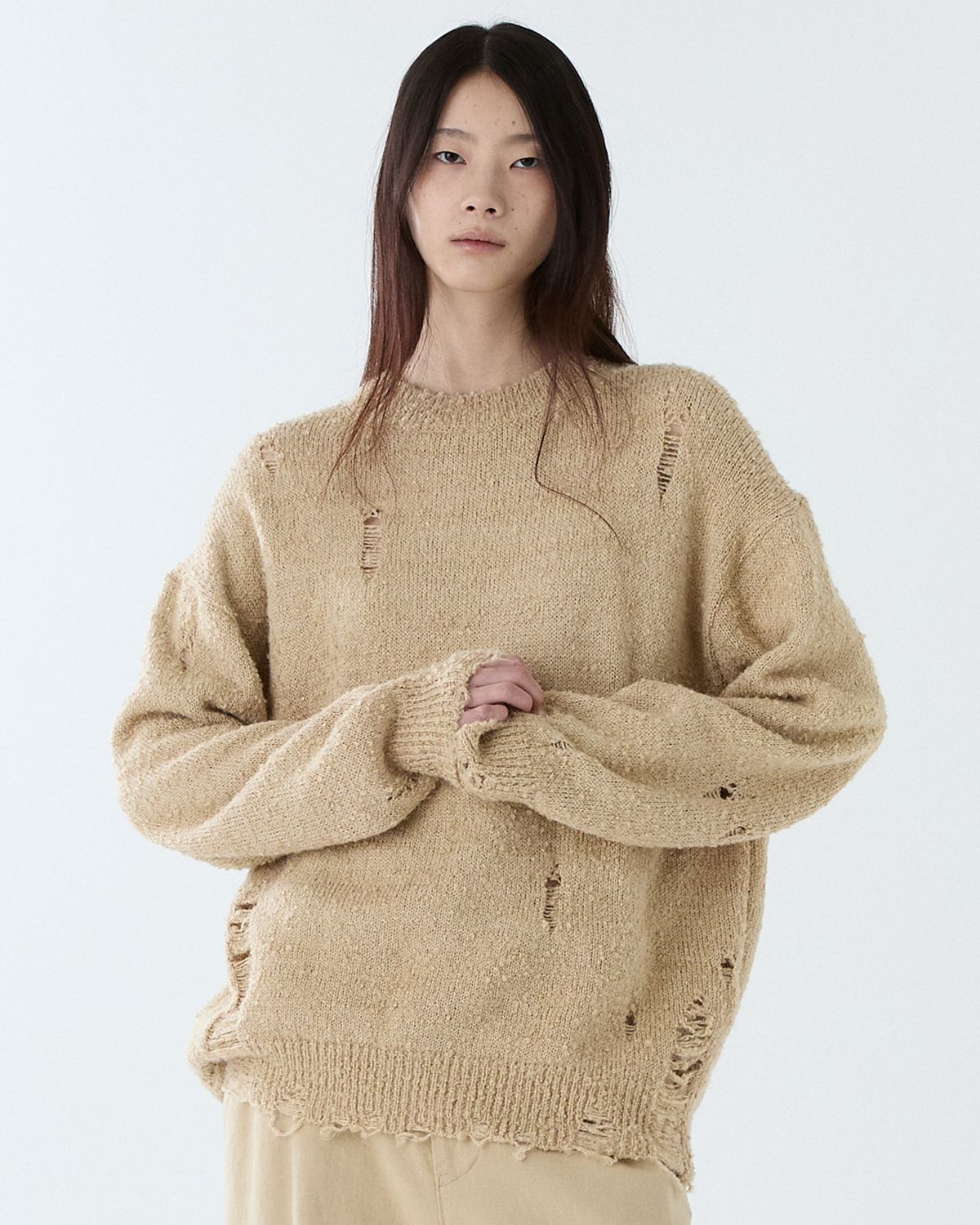 디앤드퀘스천(THEENDQUESTION) Damage knit top / BEIGE