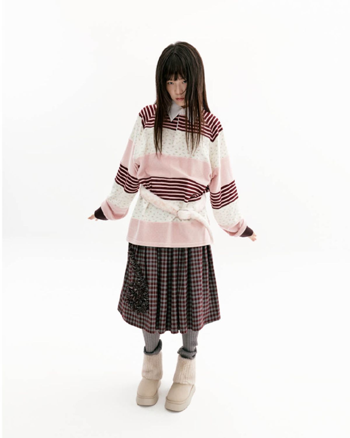 더뮤지엄비지터(THEMUSEUMVISITOR) STRIPE PATCHWORK PK LONG SLEEVE (PINK)