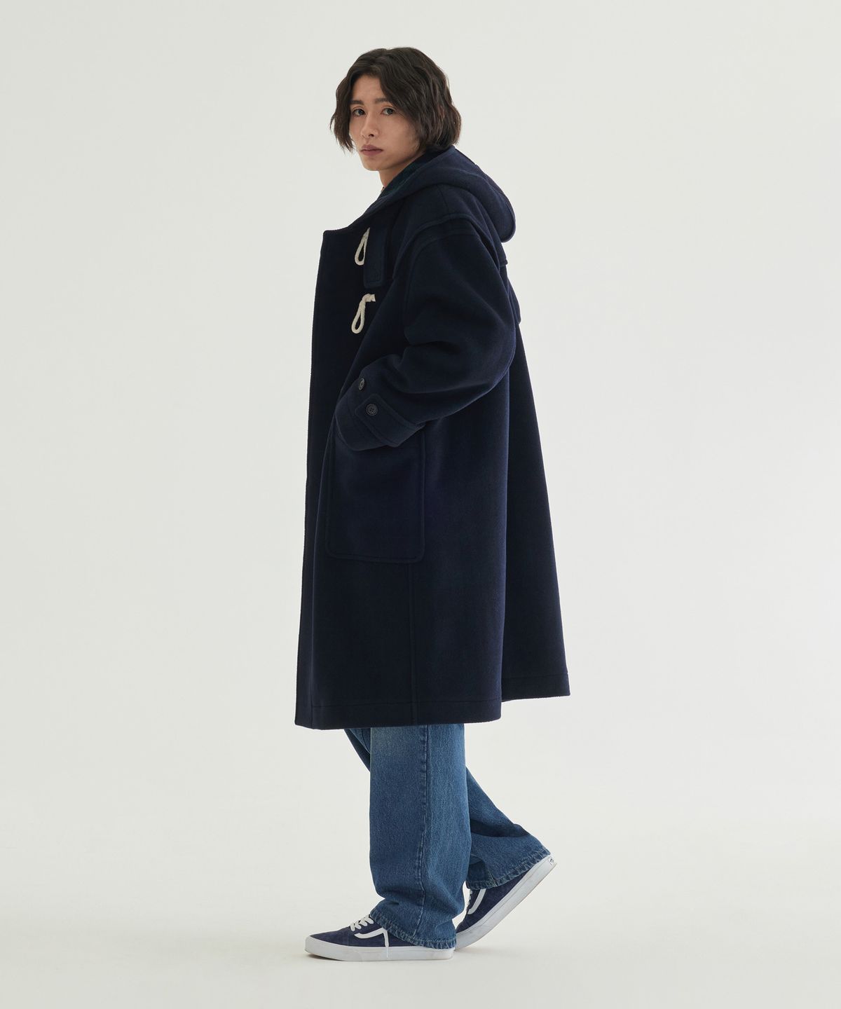 커버낫(COVERNAT) 체크 후드 더플코트 Dark Navy