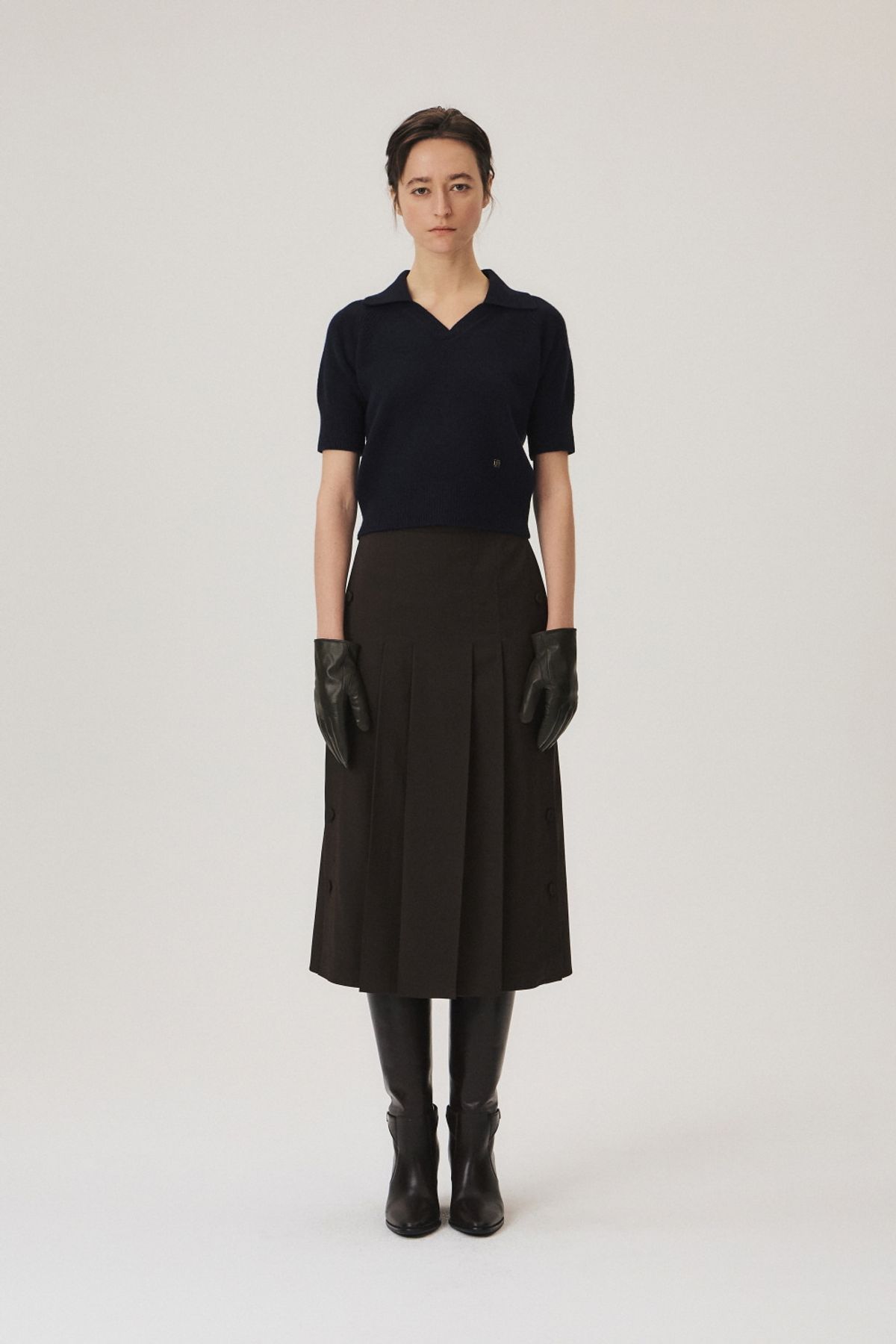 쿠메(KUMÉ) Wool Blend Side Button Skirt, Dark Brown
