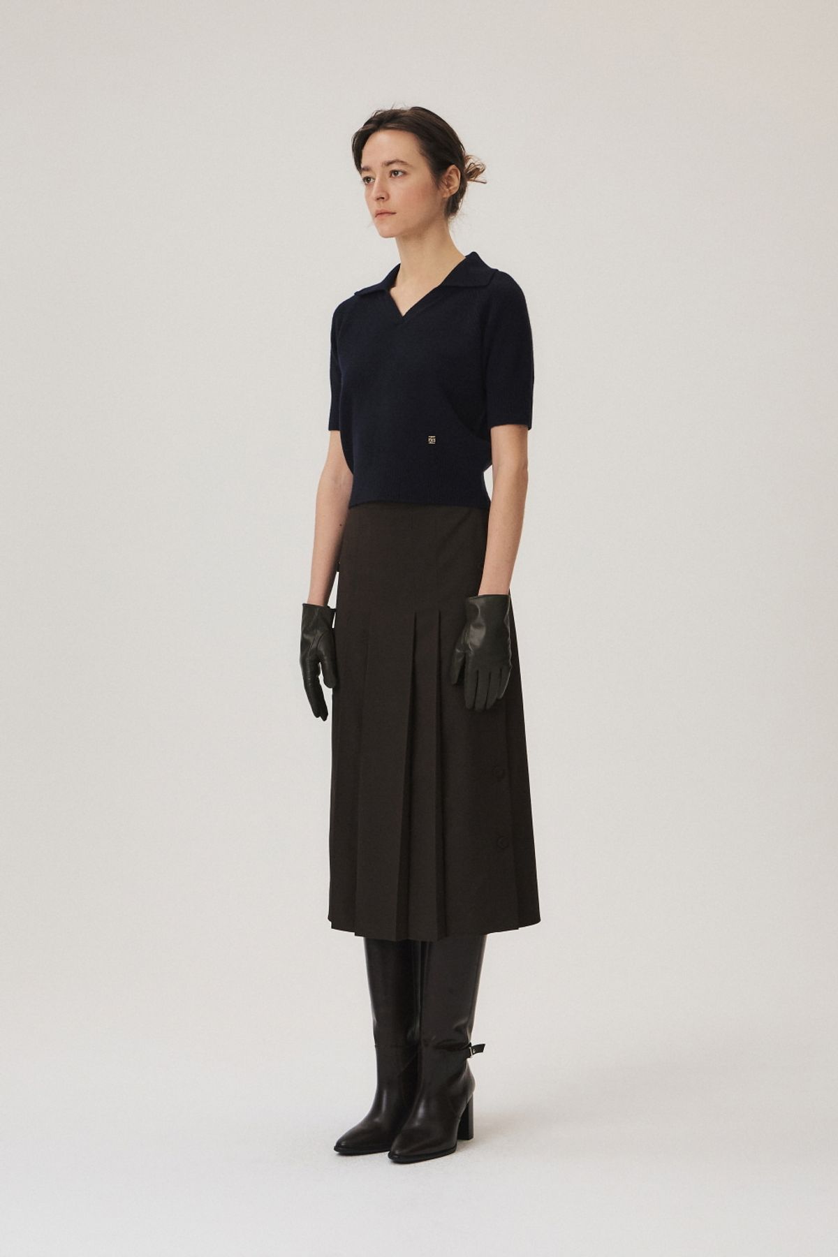 쿠메(KUMÉ) Wool Blend Side Button Skirt, Dark Brown