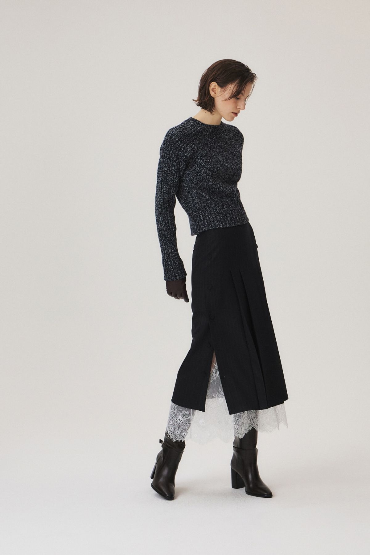 쿠메(KUMÉ) Wool Blend Side Button Skirt, Navy Stripe