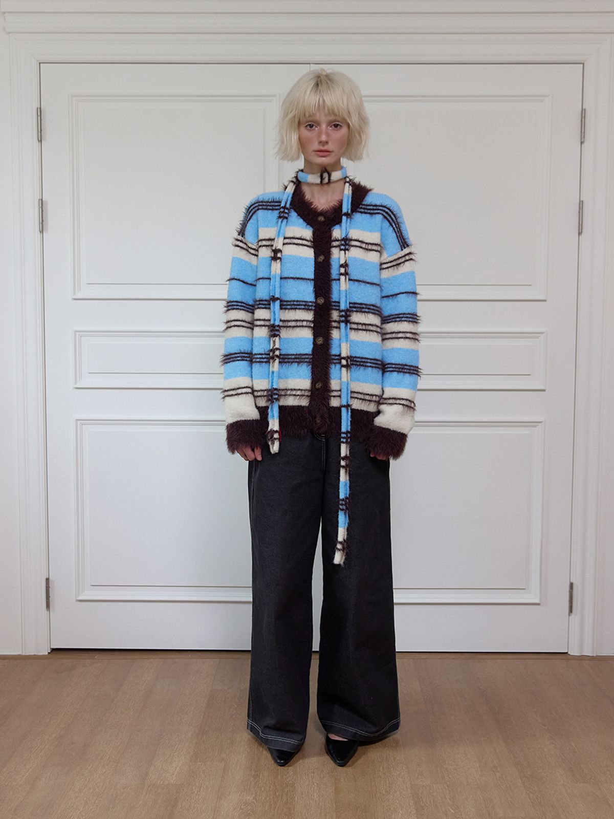 민더리(MEENDERI) SOFT HAIRY STRIPE MINI MUFFLER - BLUE