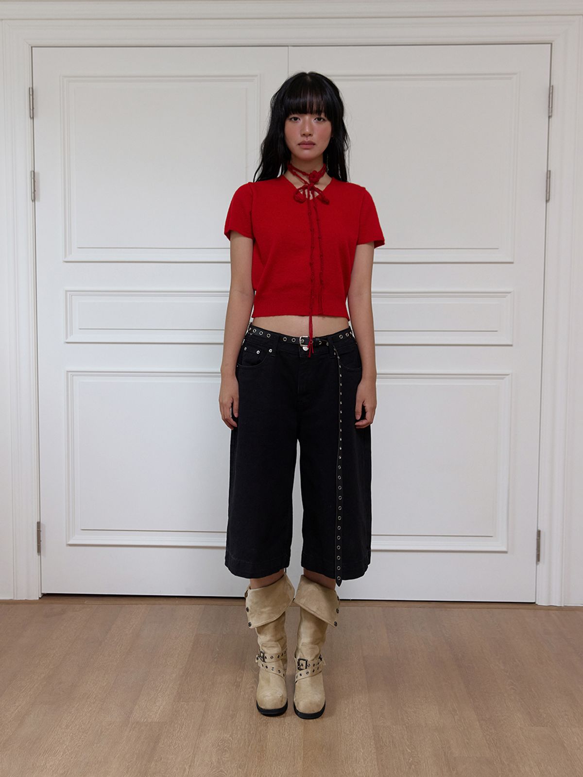 민더리(MEENDERI) FLOWER HALF SLEEVE KNIT - RED
