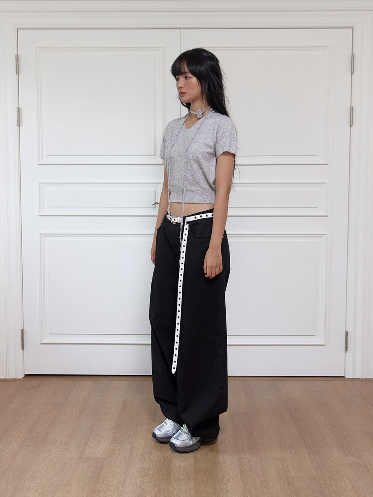 민더리(MEENDERI) FLOWER HALF SLEEVE KNIT - L/GREY