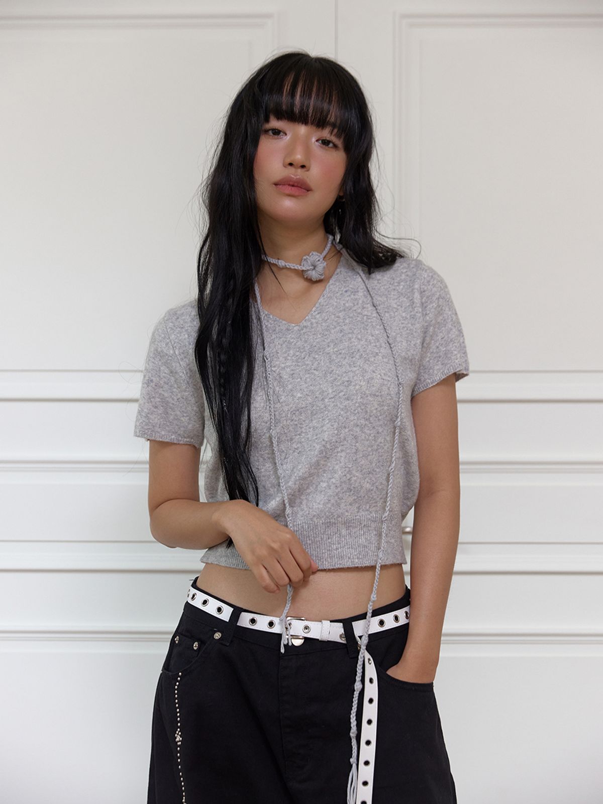 민더리(MEENDERI) FLOWER HALF SLEEVE KNIT - L/GREY