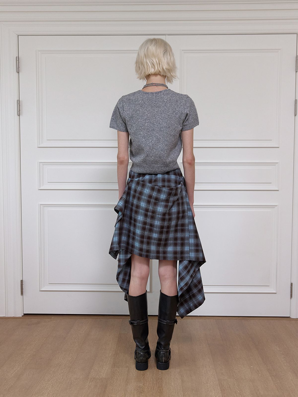 민더리(MEENDERI) FLOWER HALF SLEEVE KNIT - D/GREY