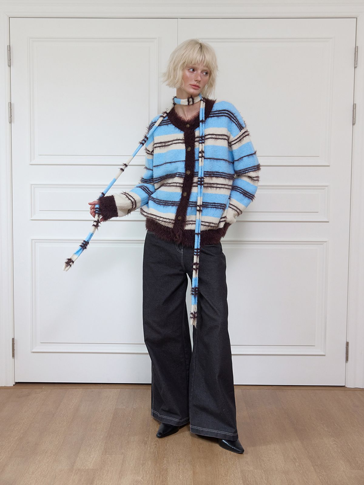 민더리(MEENDERI) SOFT HAIRY STRIPE CARDIGAN - BLUE