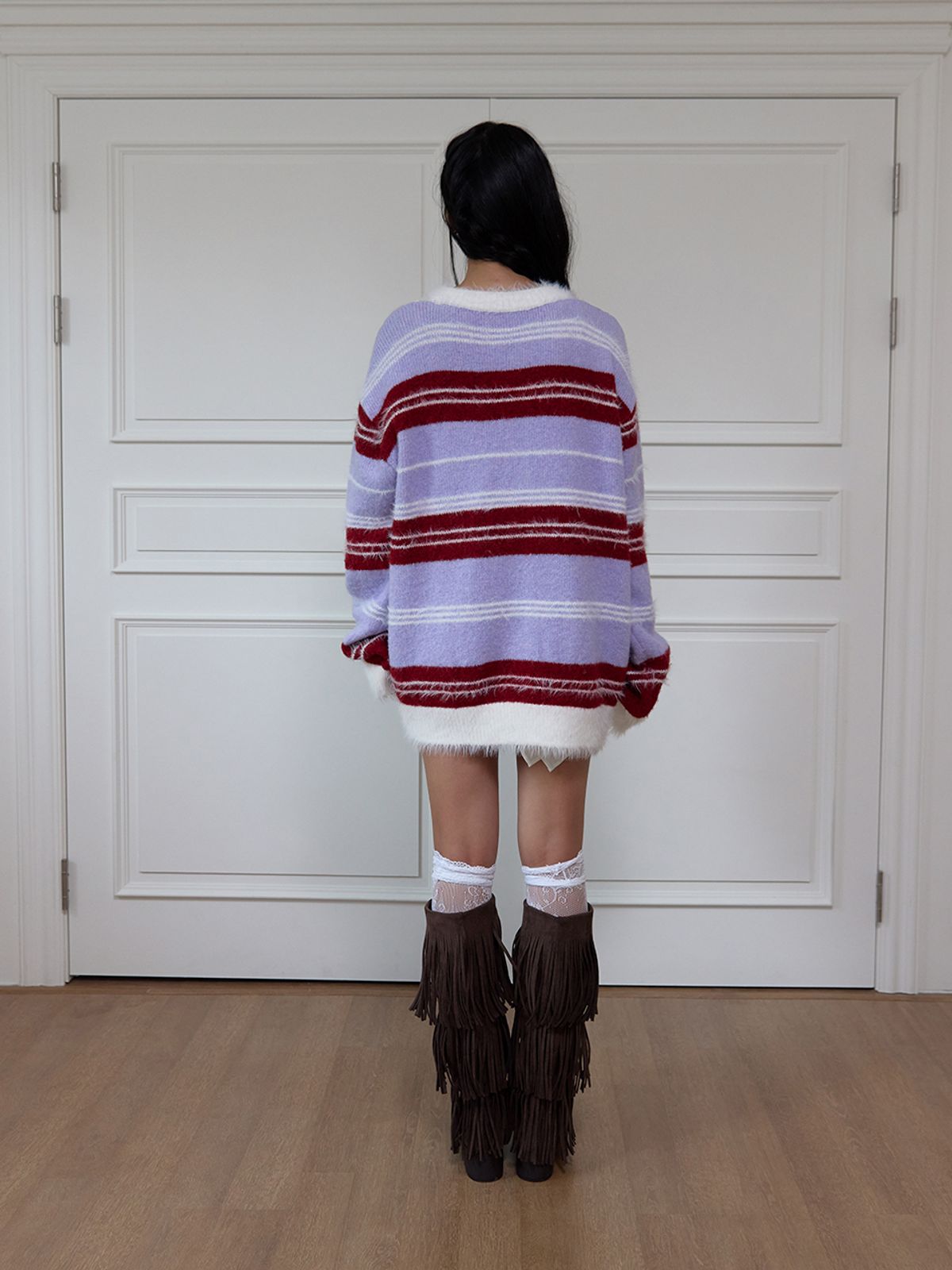 민더리(MEENDERI) SOFT HAIRY STRIPE CARDIGAN - LAVENDER