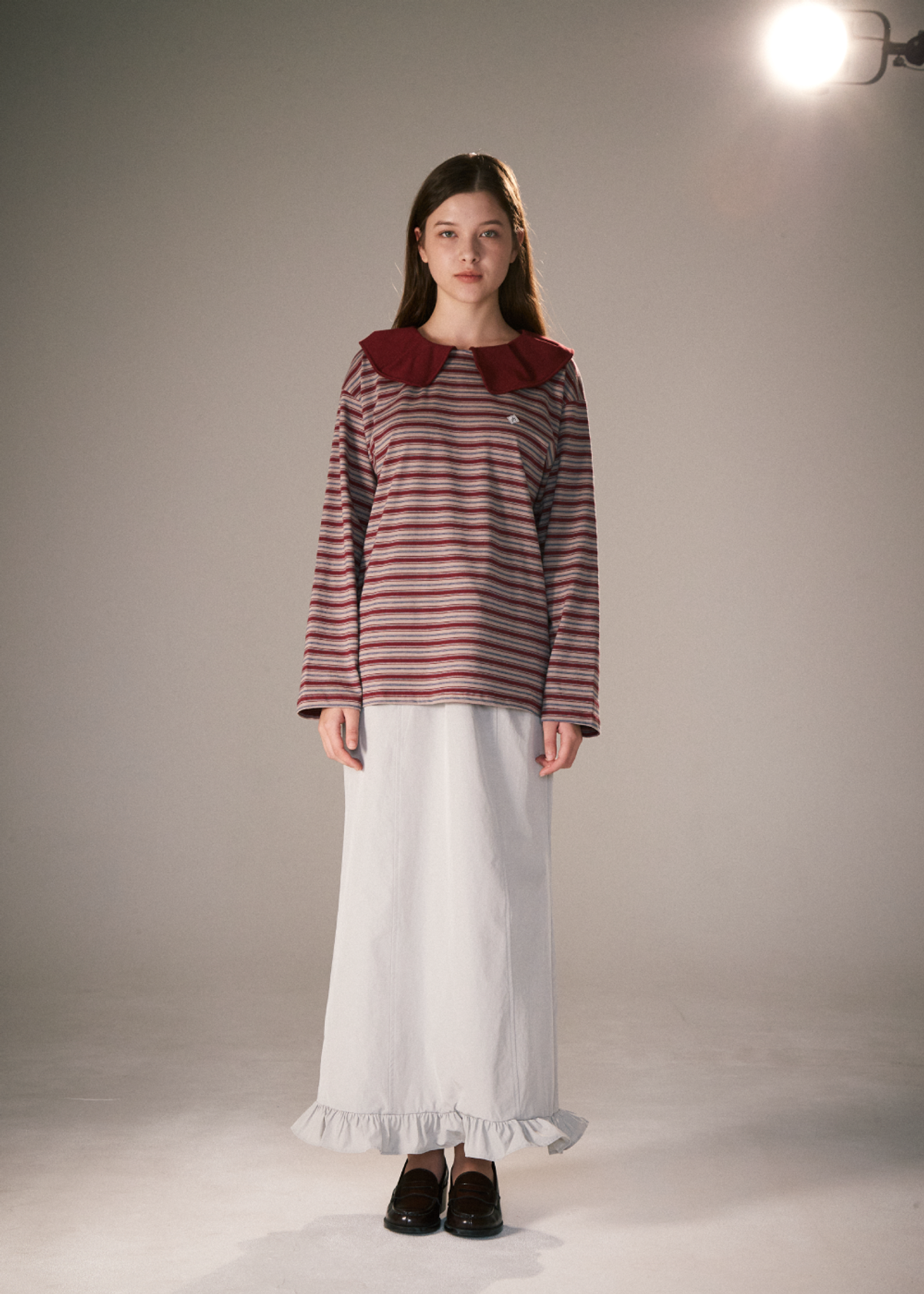 피브스피브스(PEEVES PEEVES) Stripe Big Collar Jersey Top / Burgundy