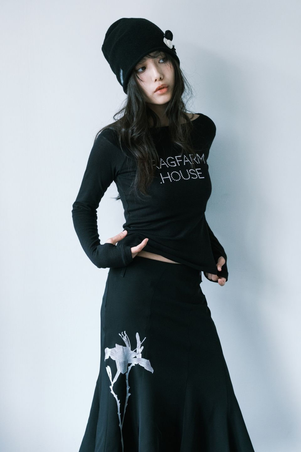 MUSINSA | FRAGFARM Day Lily Midi Skirt (Black)