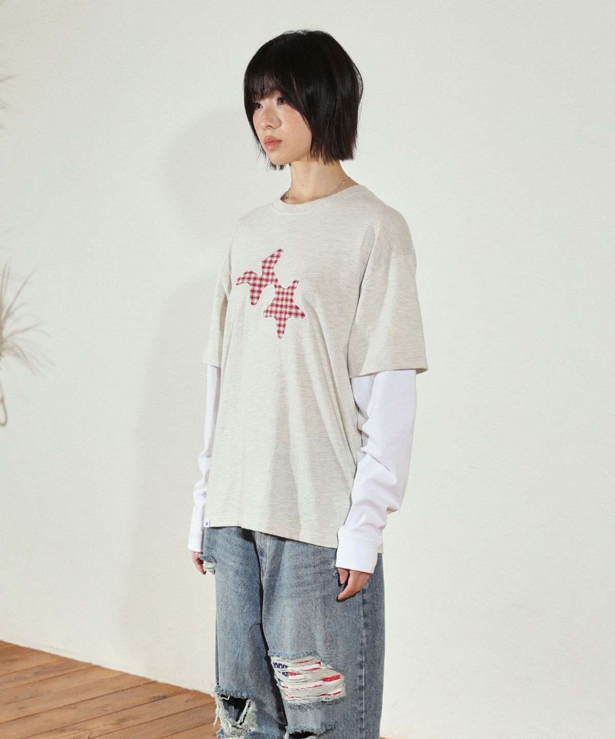 카비시(CAVISH) CHECK TWIN STAR LAYERED LS TEE OATMEAL(CV2FFUT578A)