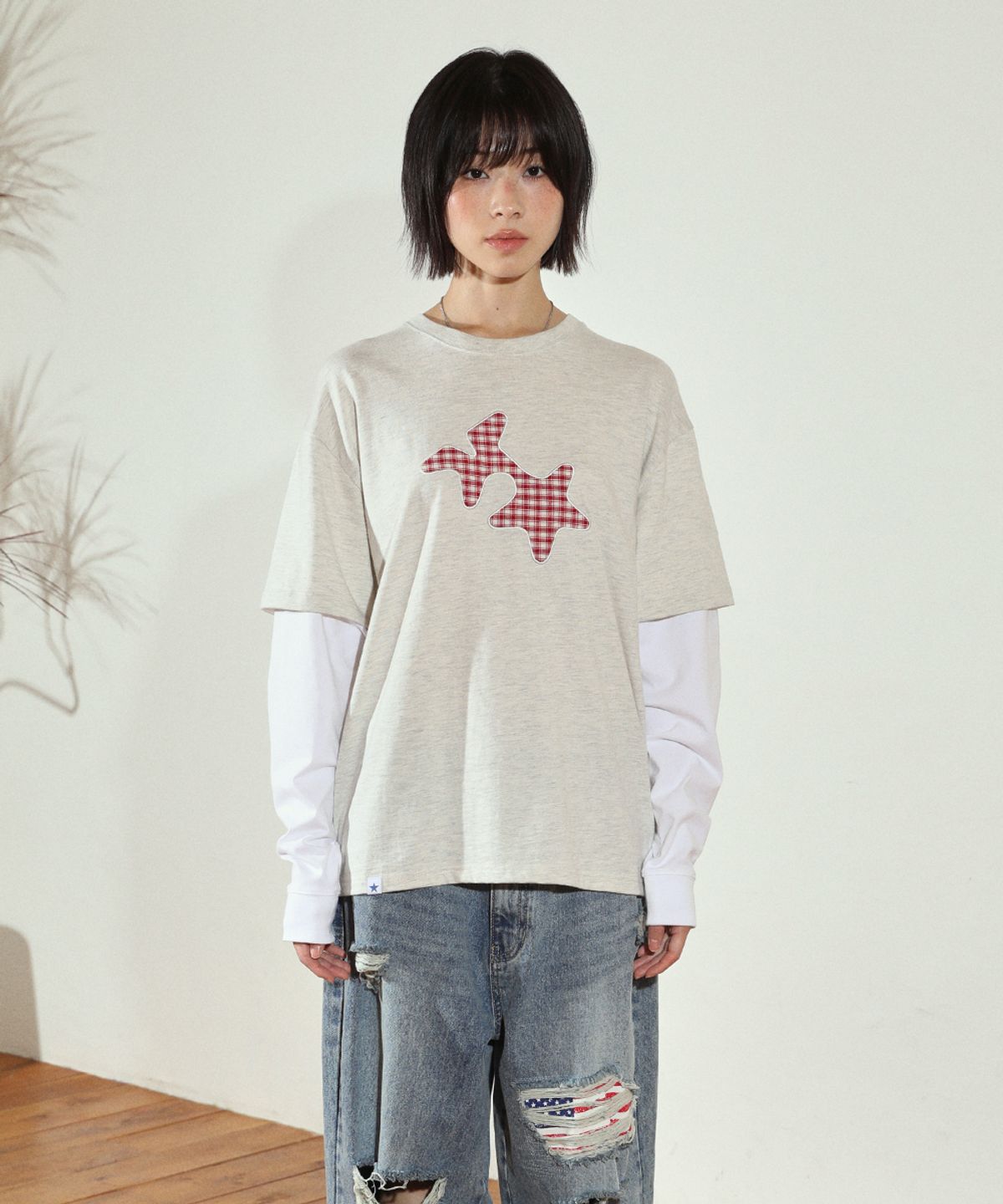 카비시(CAVISH) CHECK TWIN STAR LAYERED LS TEE OATMEAL(CV2FFUT578A)