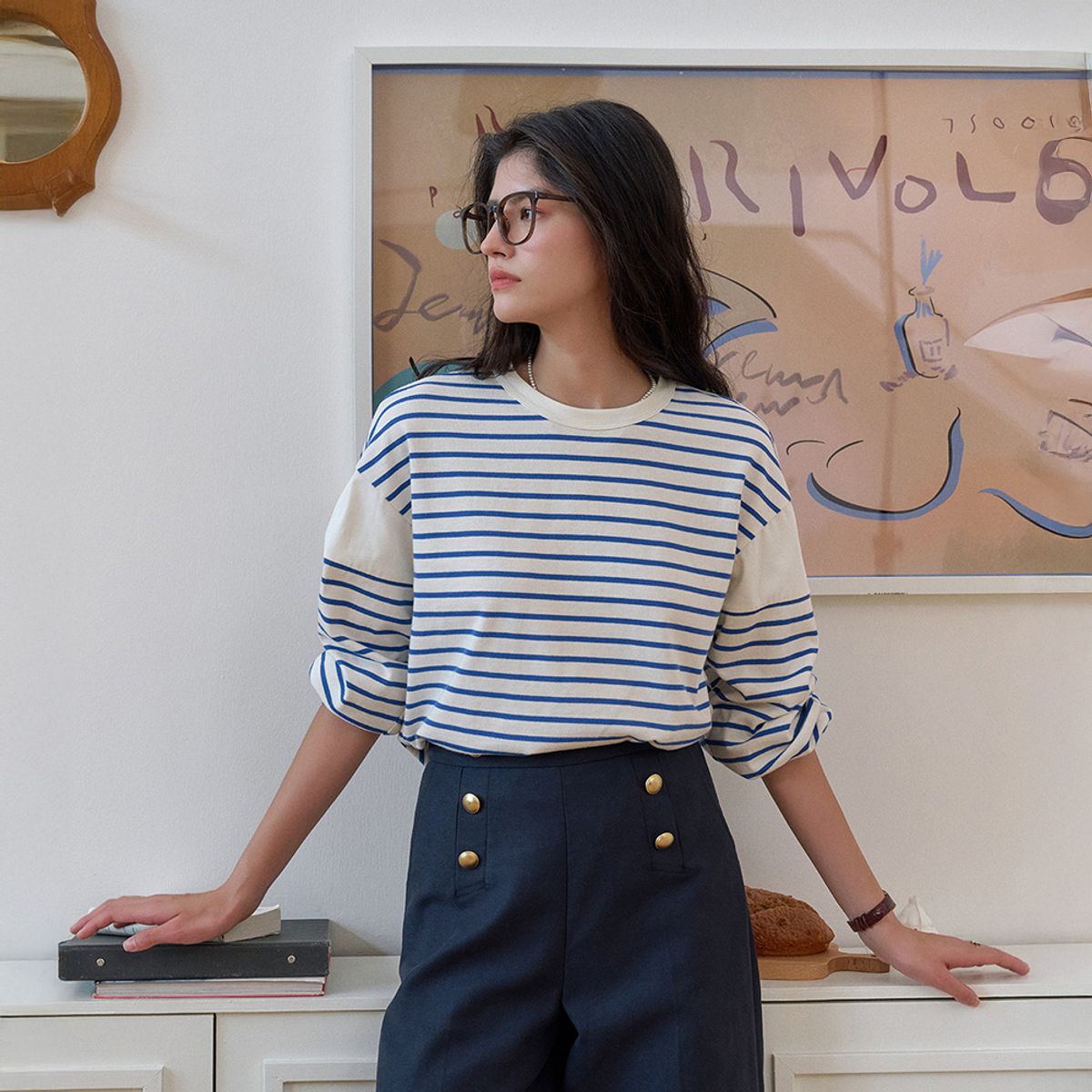 심플레트로(SIMPLE RETRO) SR_Round neck contrast striped top