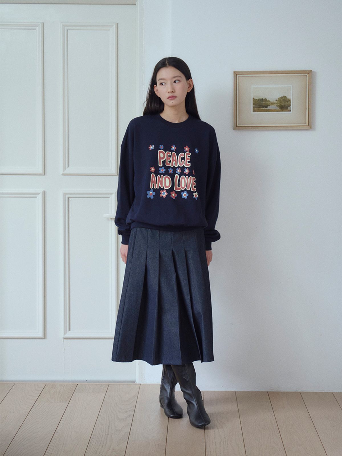 웨이브유니온(WAVE UNION) Peace and love Sweatshirt navy