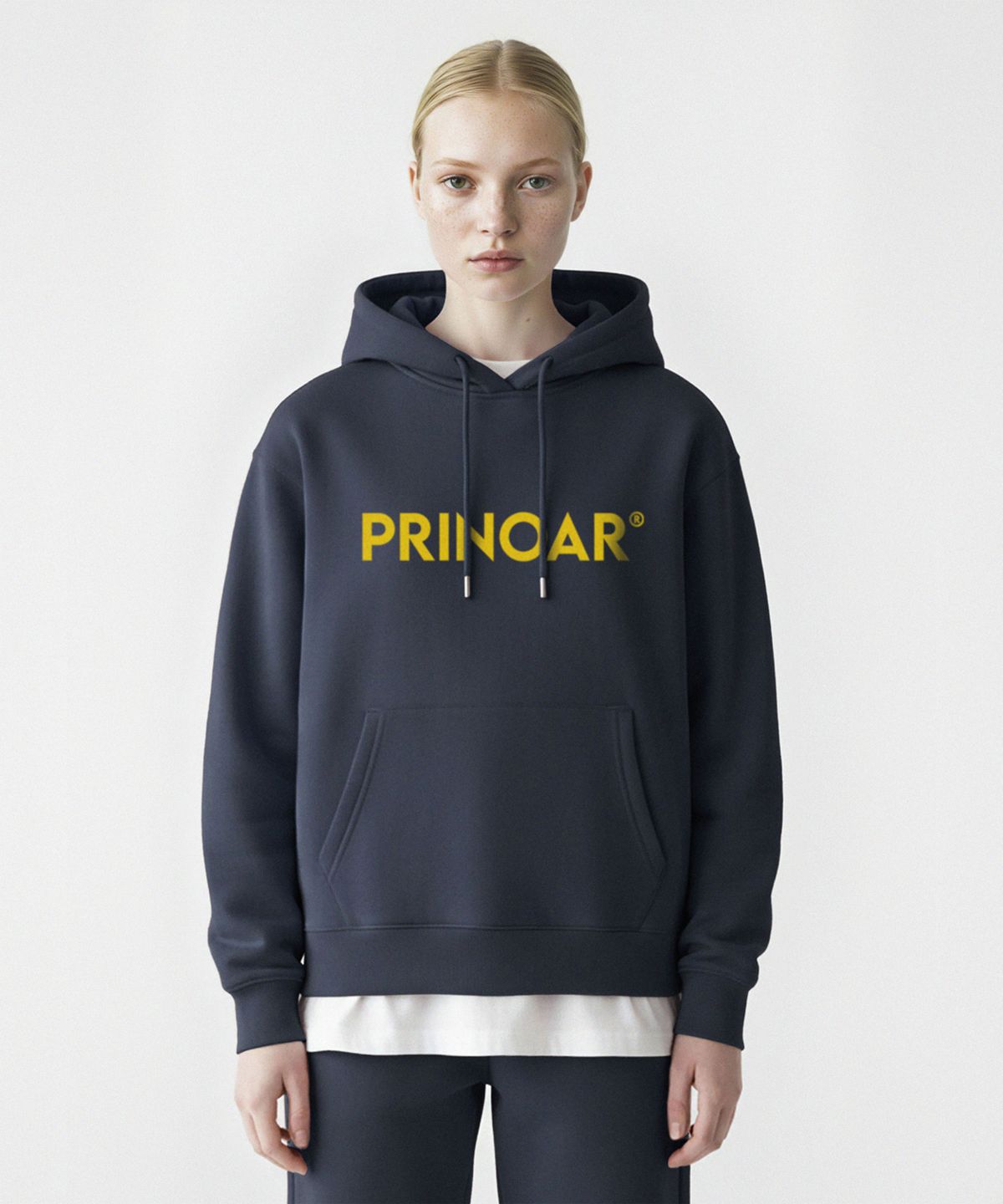 프리노어(PRINOAR) 로고 기모 후드-네이비