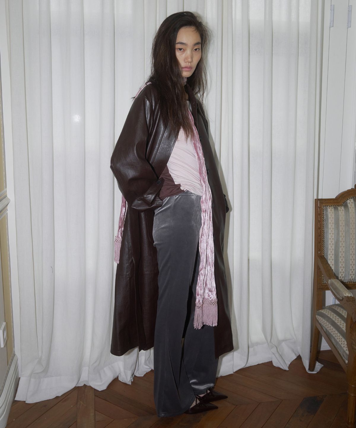 더포르타(THEPORTA) CLASSIC FAUX LEATHER LONG COAT, WINE