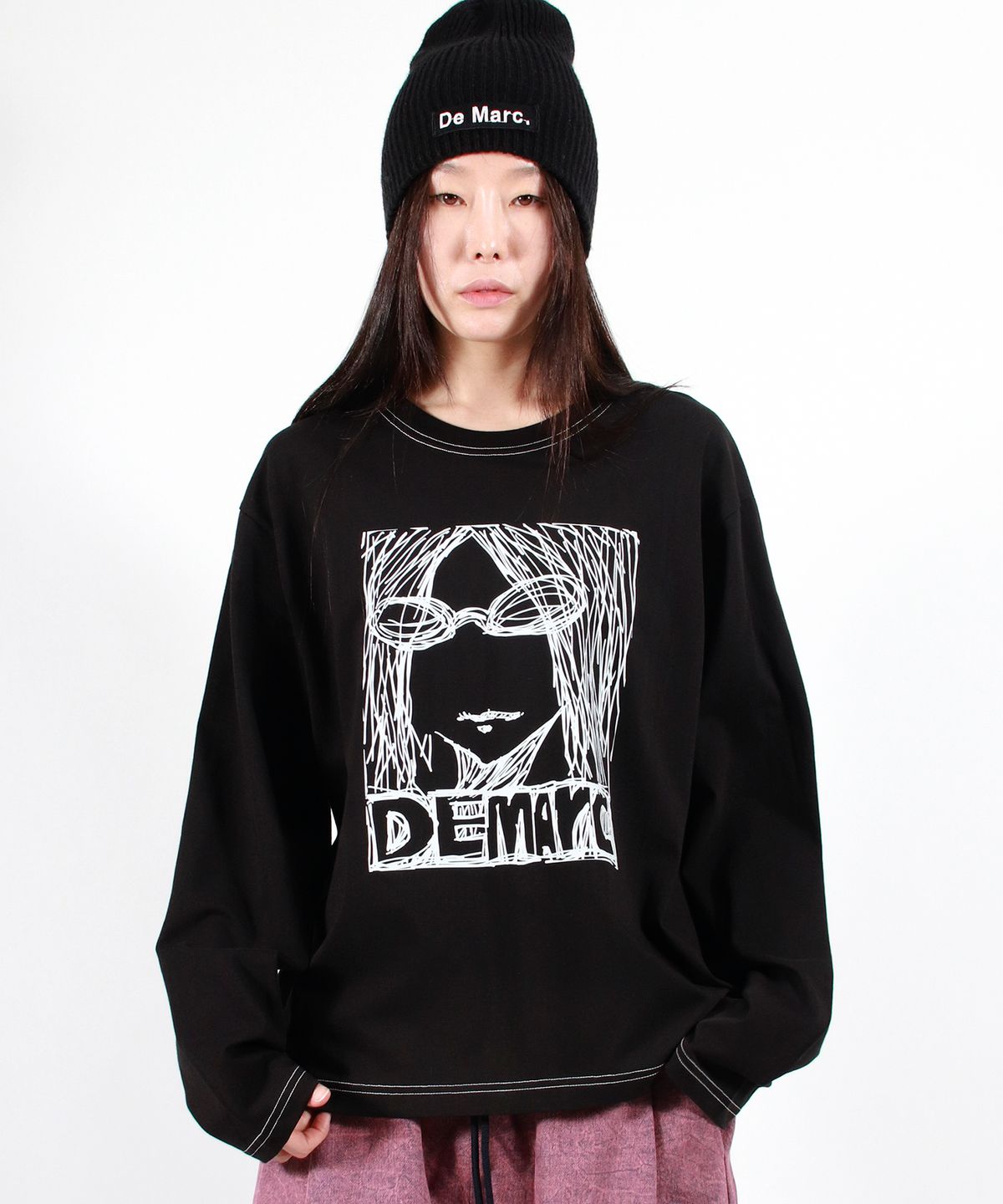 드마크(DEMARC) MARC ILLUST STITCH BOXY LONG SLEEVE - Black