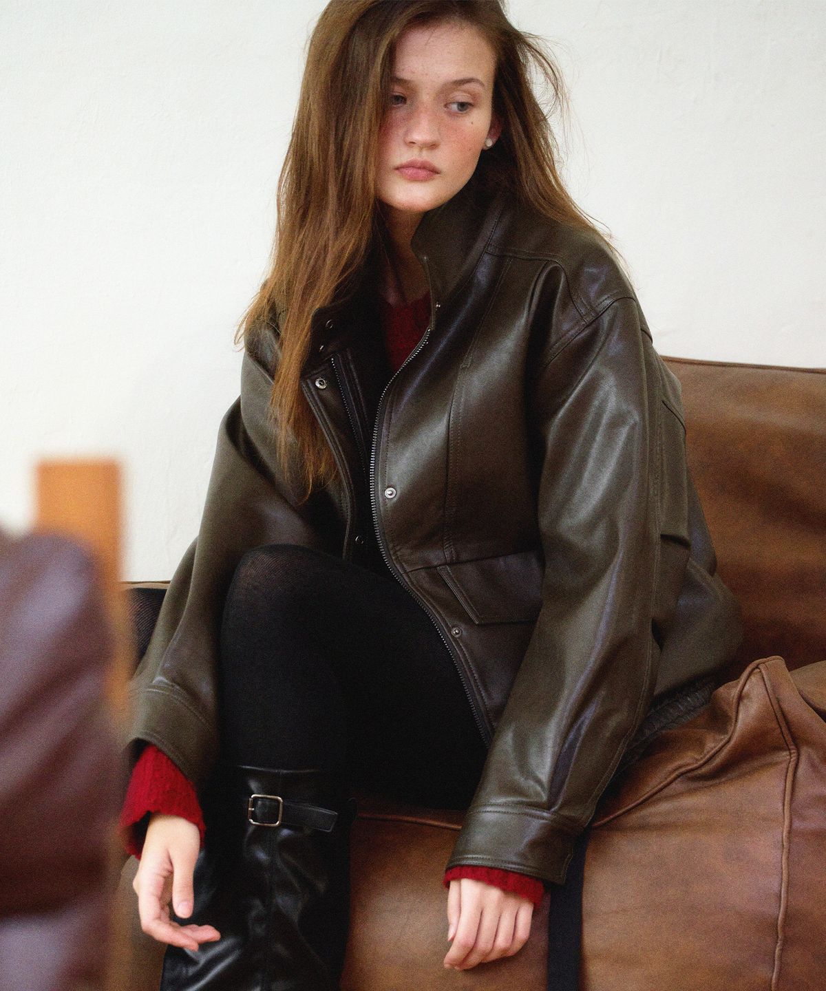 하우스 오브 폰드(HOUSE OF POND) Leather Biker Loose Fit Jacket_Brown