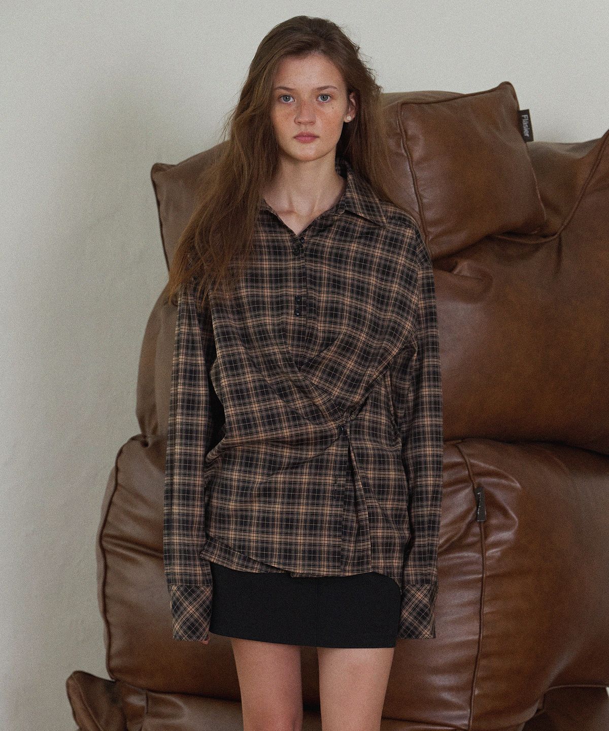 하우스 오브 폰드(HOUSE OF POND) Plaid Check Cross Button Shirt_Pink Black