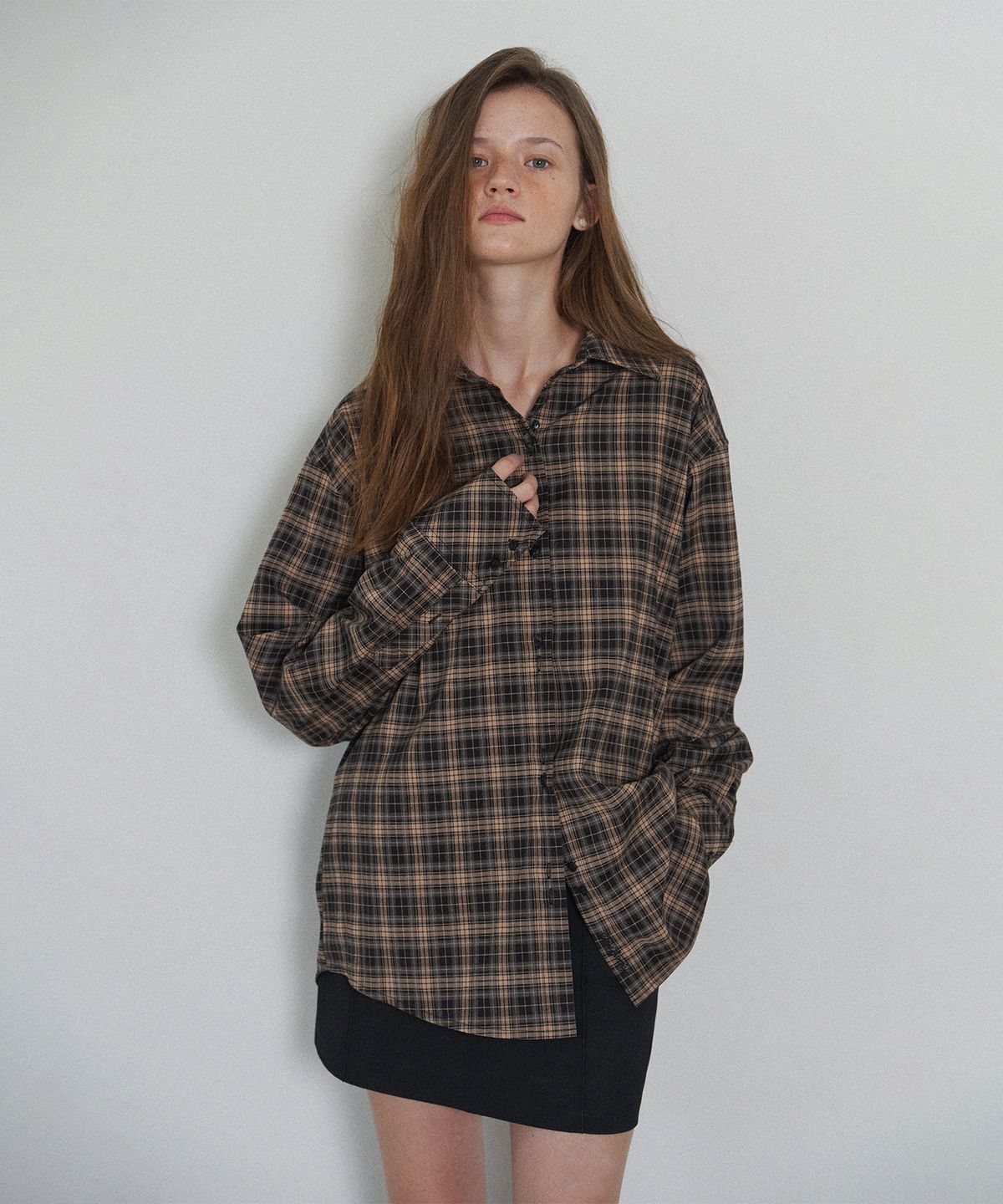 하우스 오브 폰드(HOUSE OF POND) Plaid Check Cross Button Shirt_Pink Black
