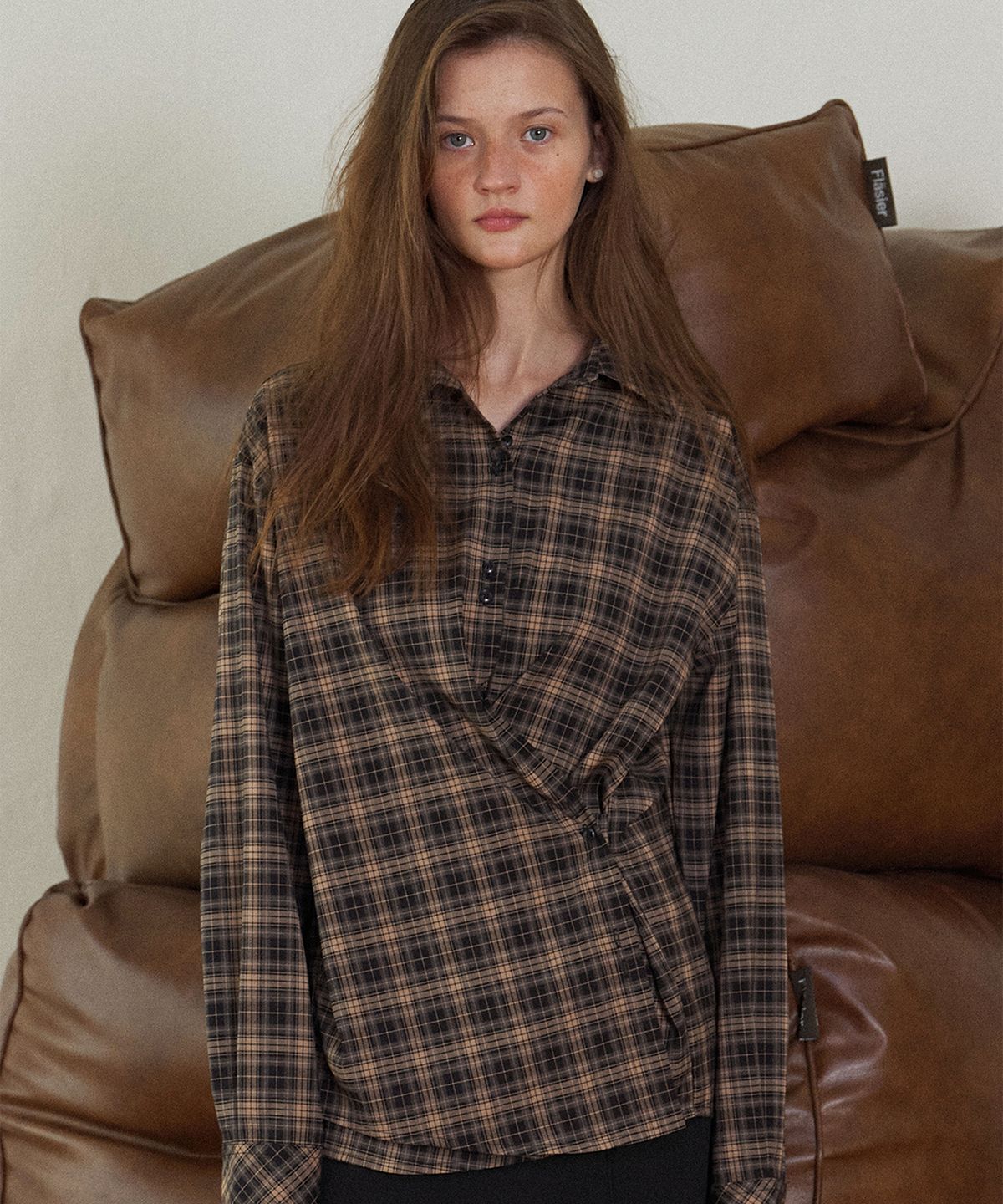 하우스 오브 폰드(HOUSE OF POND) Plaid Check Cross Button Shirt_Pink Black