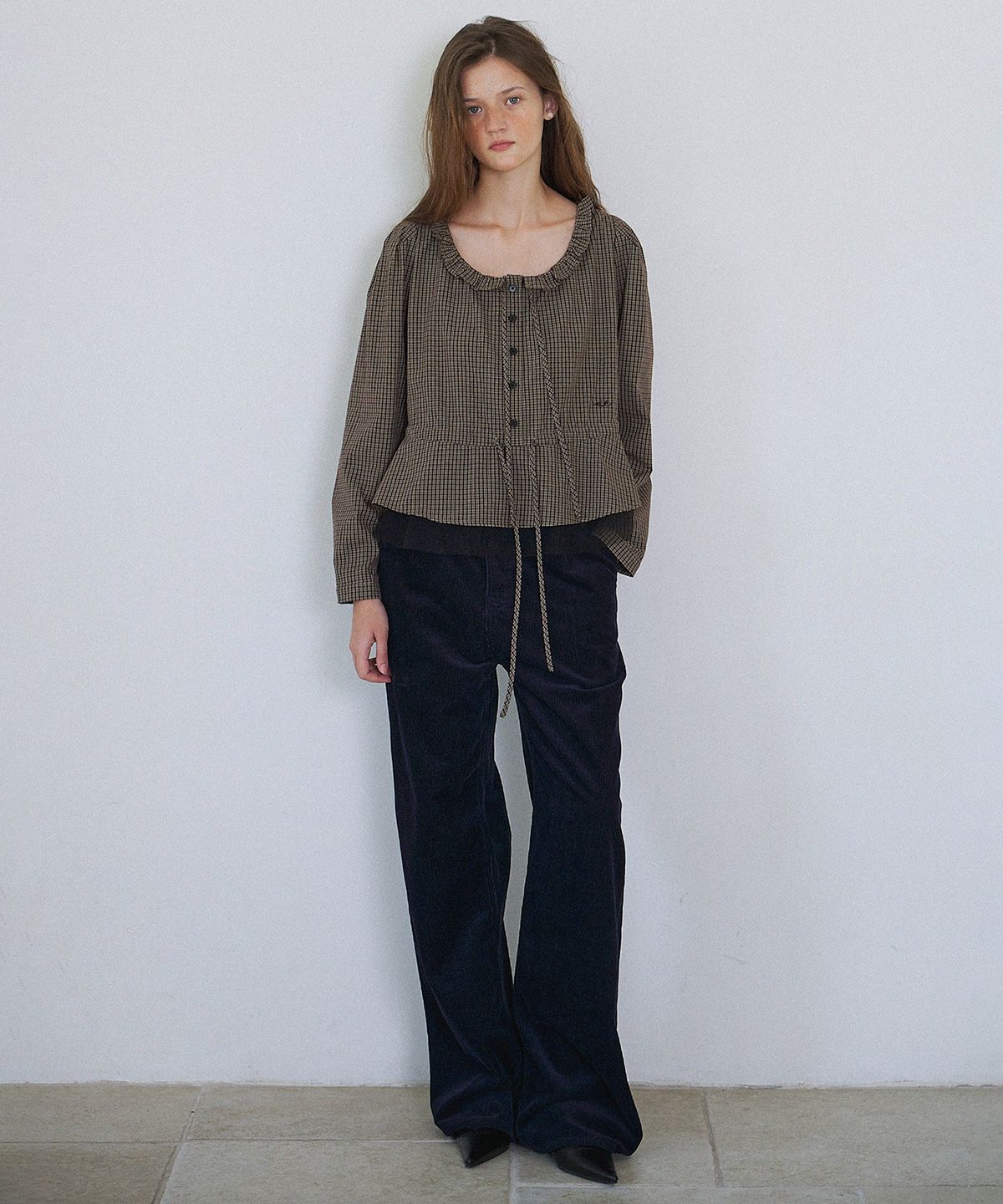 하우스 오브 폰드(HOUSE OF POND) Check and Chiffon Blouse_Brown