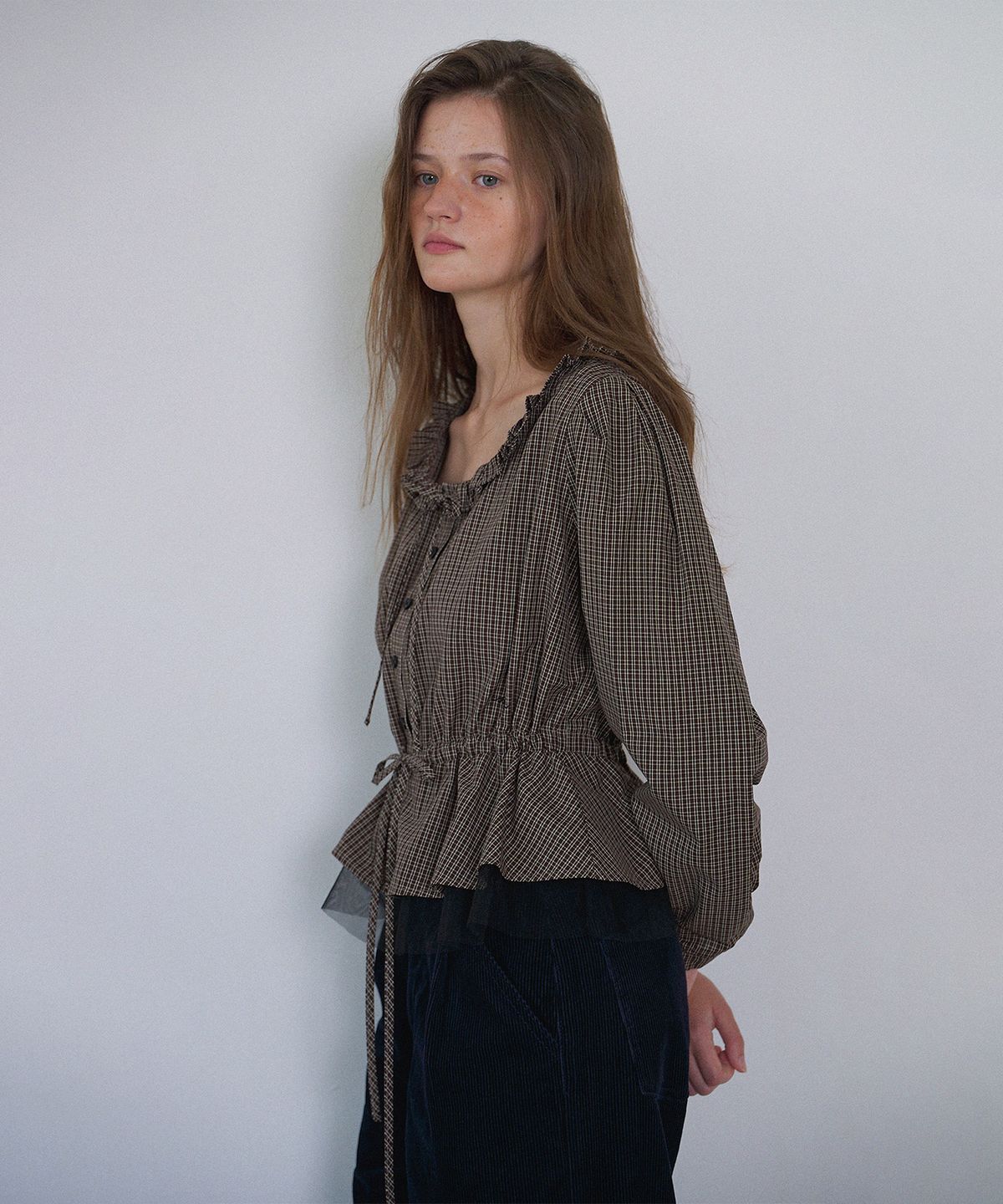 하우스 오브 폰드(HOUSE OF POND) Check and Chiffon Blouse_Brown