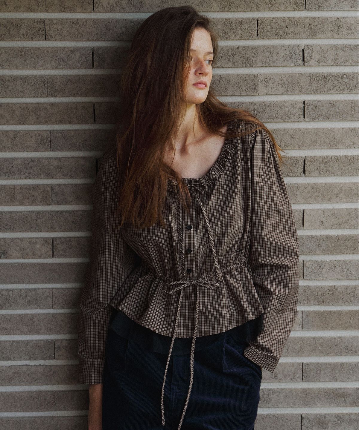 하우스 오브 폰드(HOUSE OF POND) Check and Chiffon Blouse_Brown