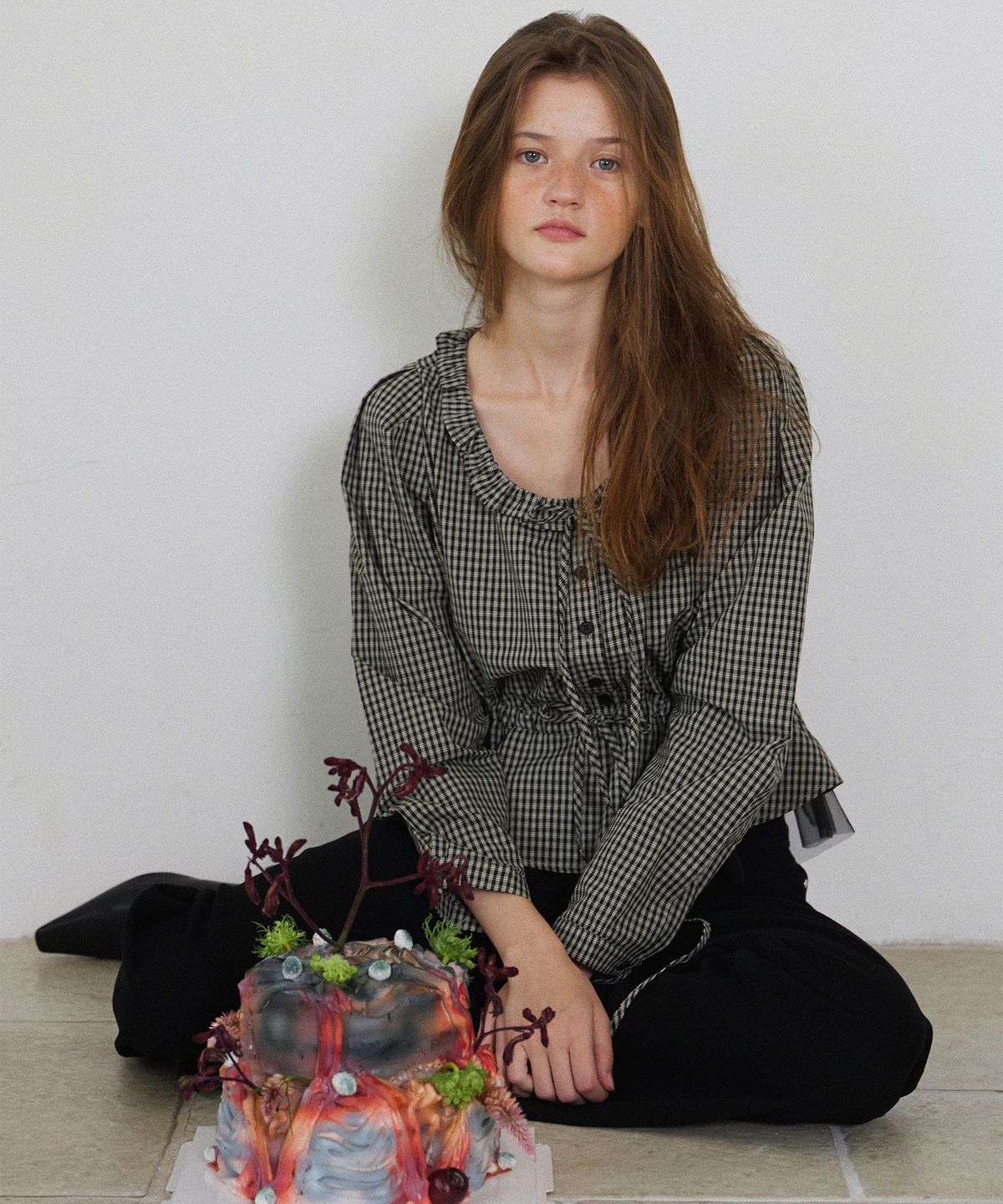 하우스 오브 폰드(HOUSE OF POND) Check and Chiffon Blouse_Black