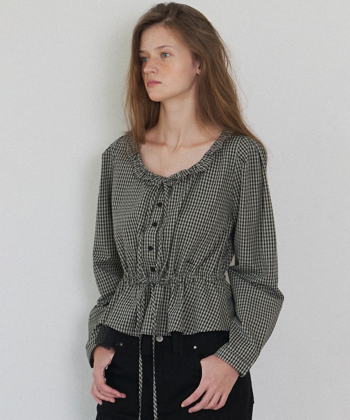 하우스 오브 폰드(HOUSE OF POND) Check and Chiffon Blouse_Black