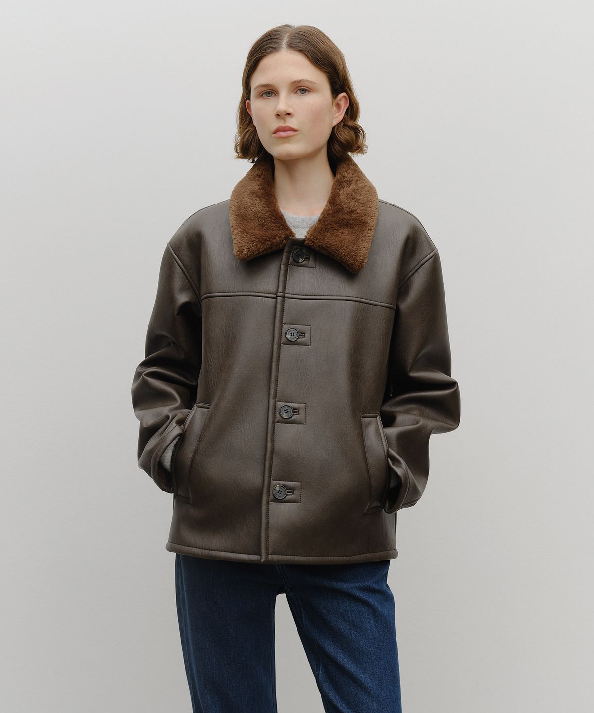 마리떼 프랑소와 저버(MARITHÉ + FRANҪOIS GIRBAUD) FAUX LEATHER OVER FIT MUSTANG JACKET brown