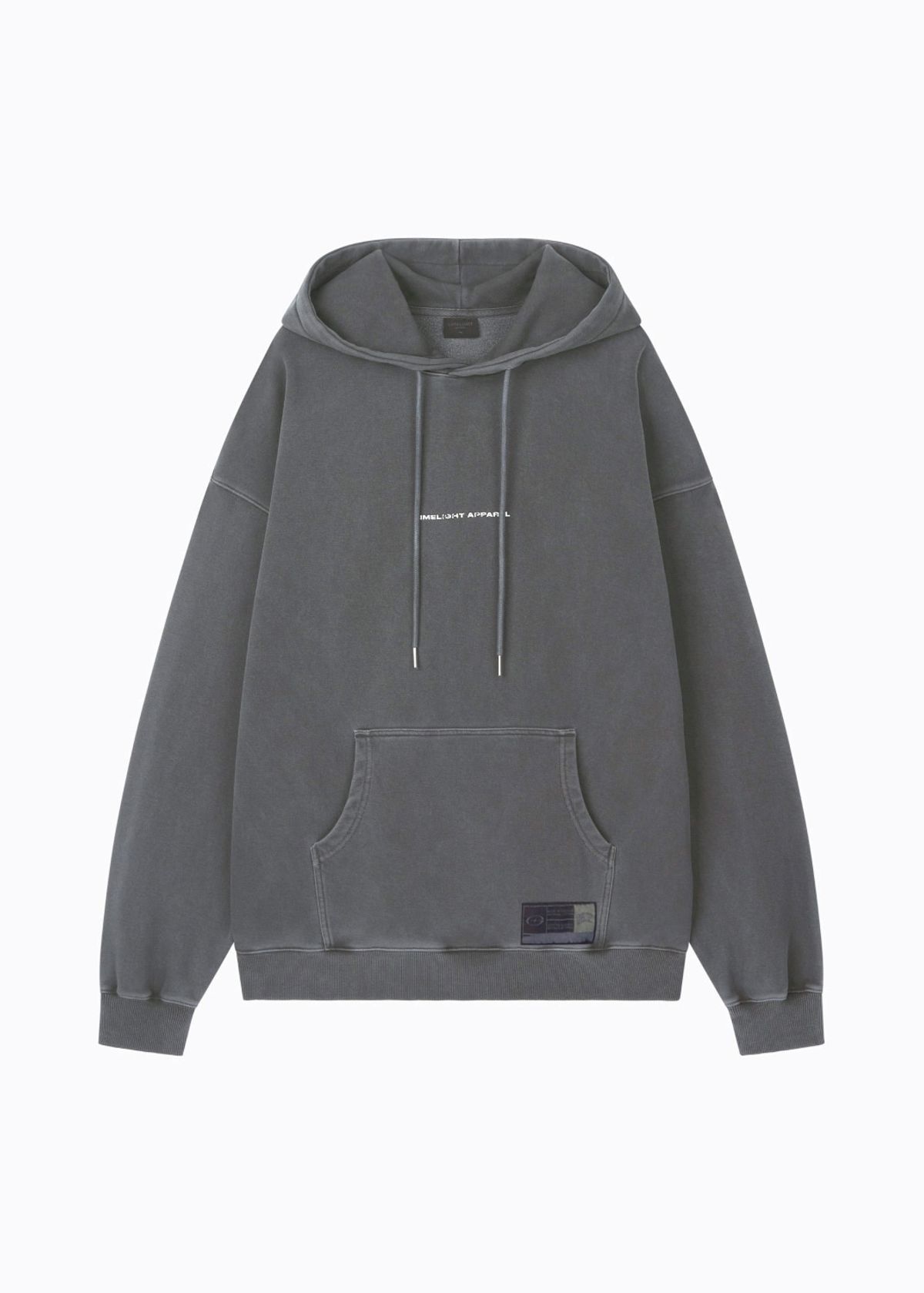 라임라잇 어패럴(LIMELIGHT APPAREL) 어패럴 피그먼트 백 로고 오버사이즈 후디 (차콜/화이트)
