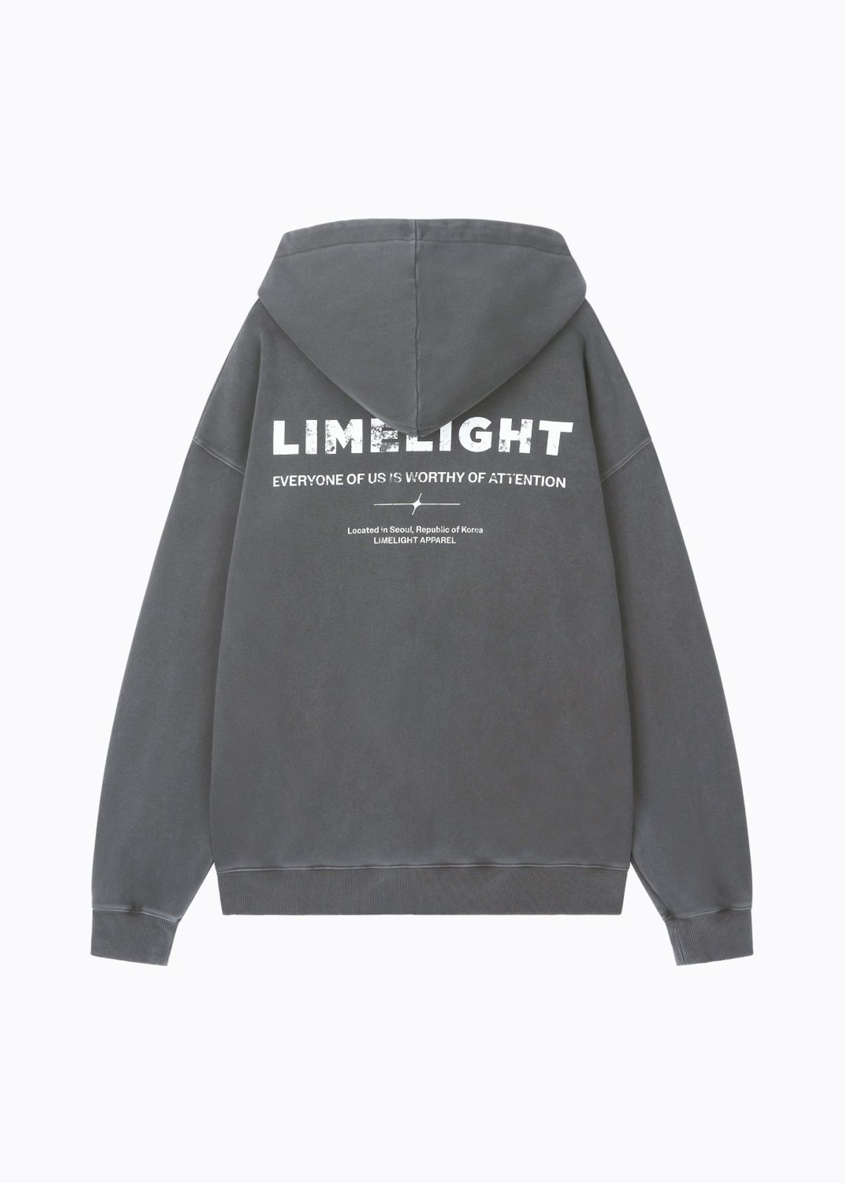 라임라잇 어패럴(LIMELIGHT APPAREL) 어패럴 피그먼트 백 로고 오버사이즈 후디 (차콜/화이트)