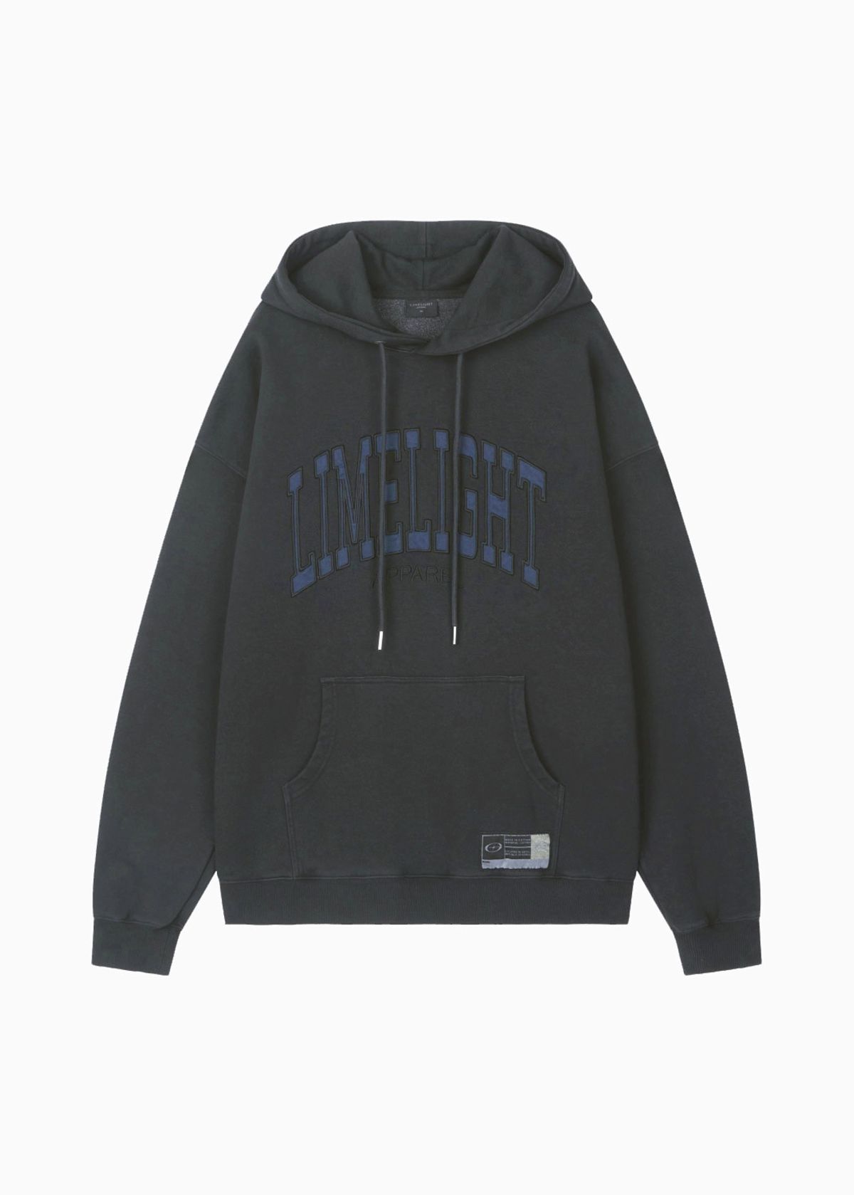 라임라잇 어패럴(LIMELIGHT APPAREL) 어패럴 피그먼트 아치 로고 오버사이즈 후디 (블랙/블루)