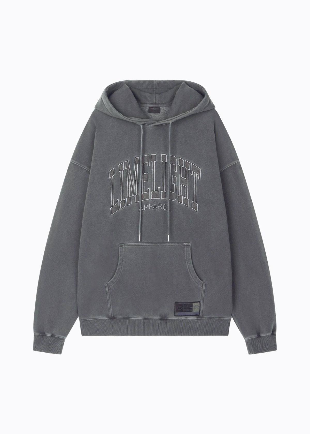라임라잇 어패럴(LIMELIGHT APPAREL) 어패럴 피그먼트 아치 로고 오버사이즈 후디 (차콜/라임라잇)