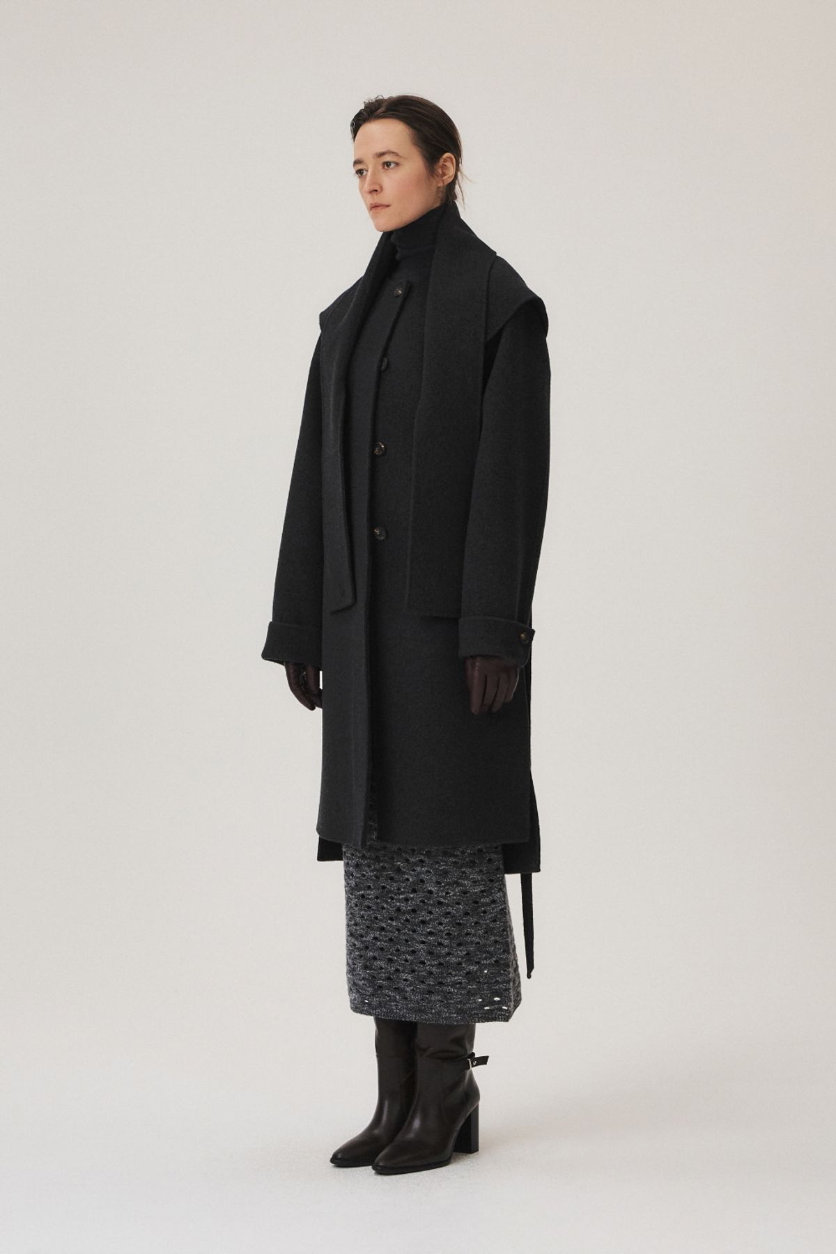 쿠메(KUMÉ) Handmade Cashmere Blend Muffler Coat, Charcoal