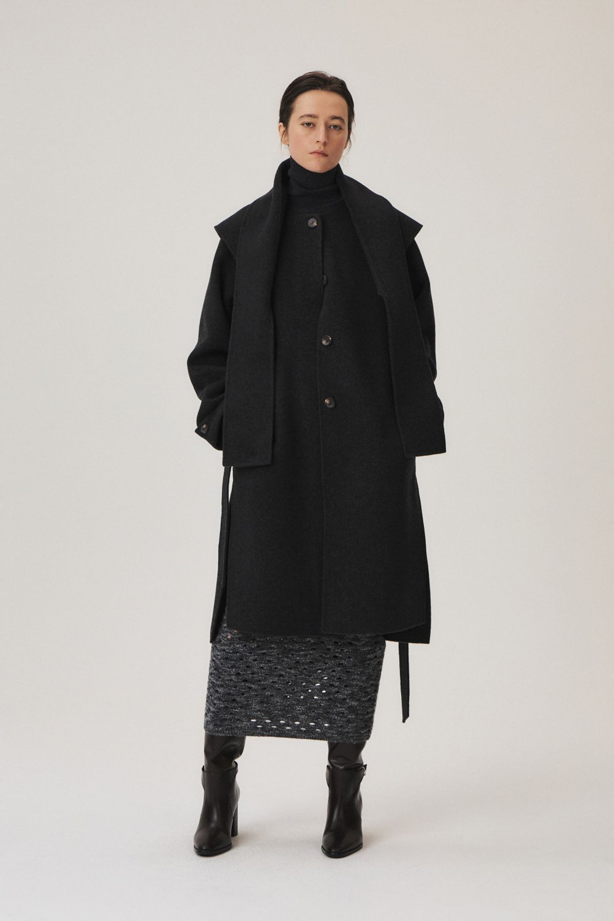 쿠메(KUMÉ) Handmade Cashmere Blend Muffler Coat, Charcoal